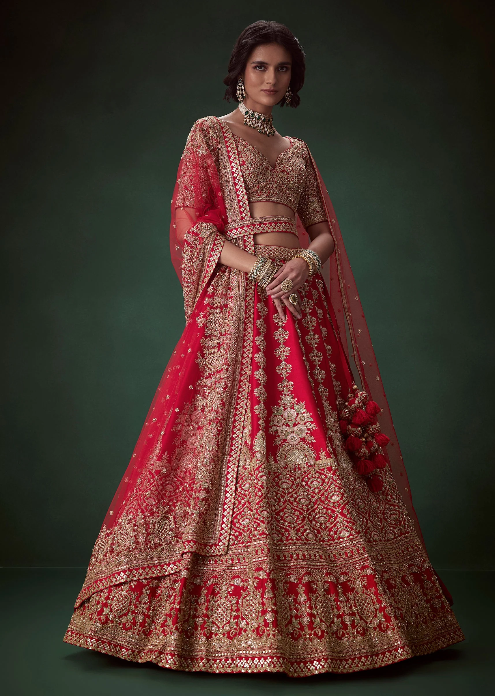 Red Silk Bridal Lehenga Set with Two Dupattas