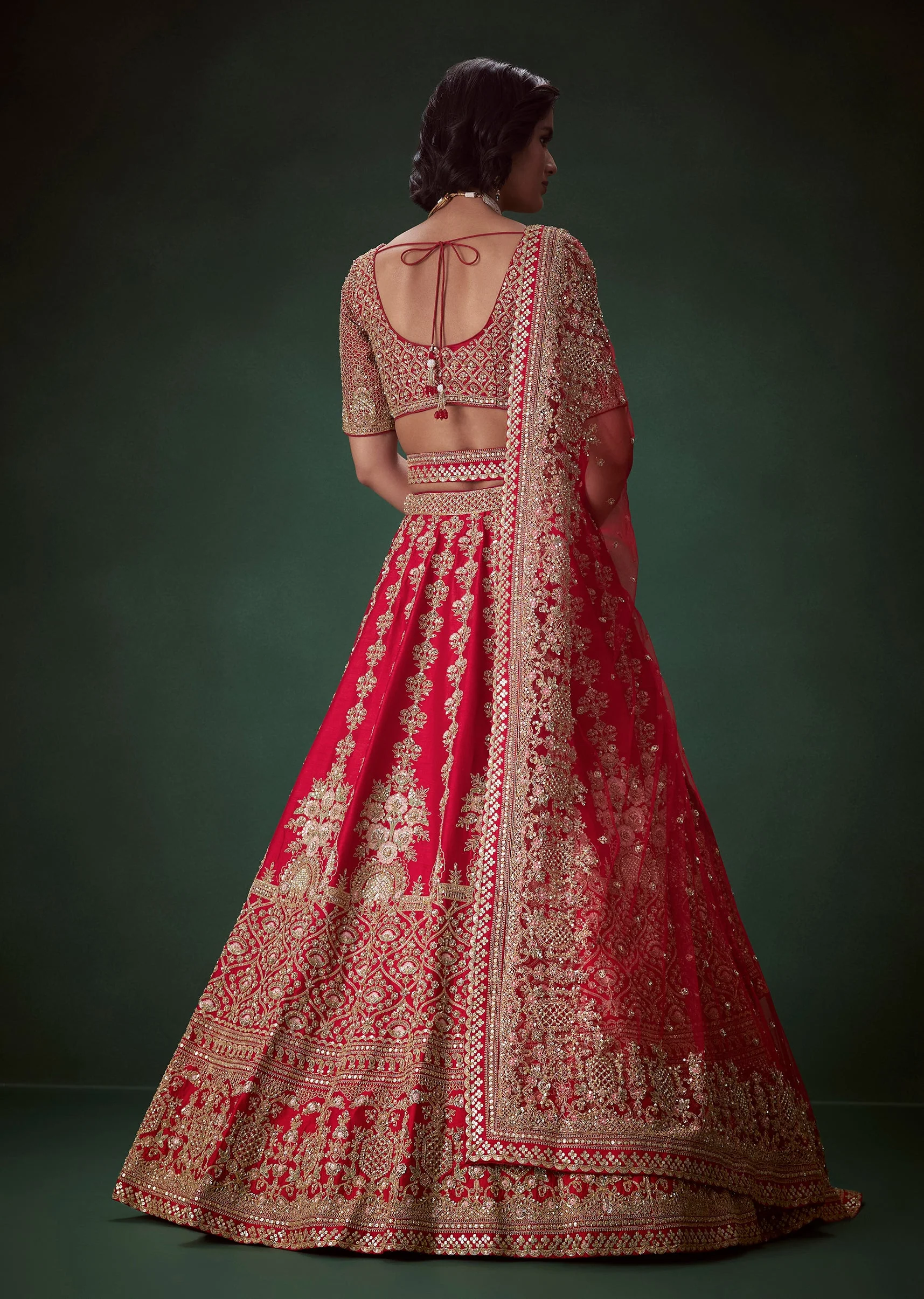 Red Silk Bridal Lehenga Set with Two Dupattas - Image 2