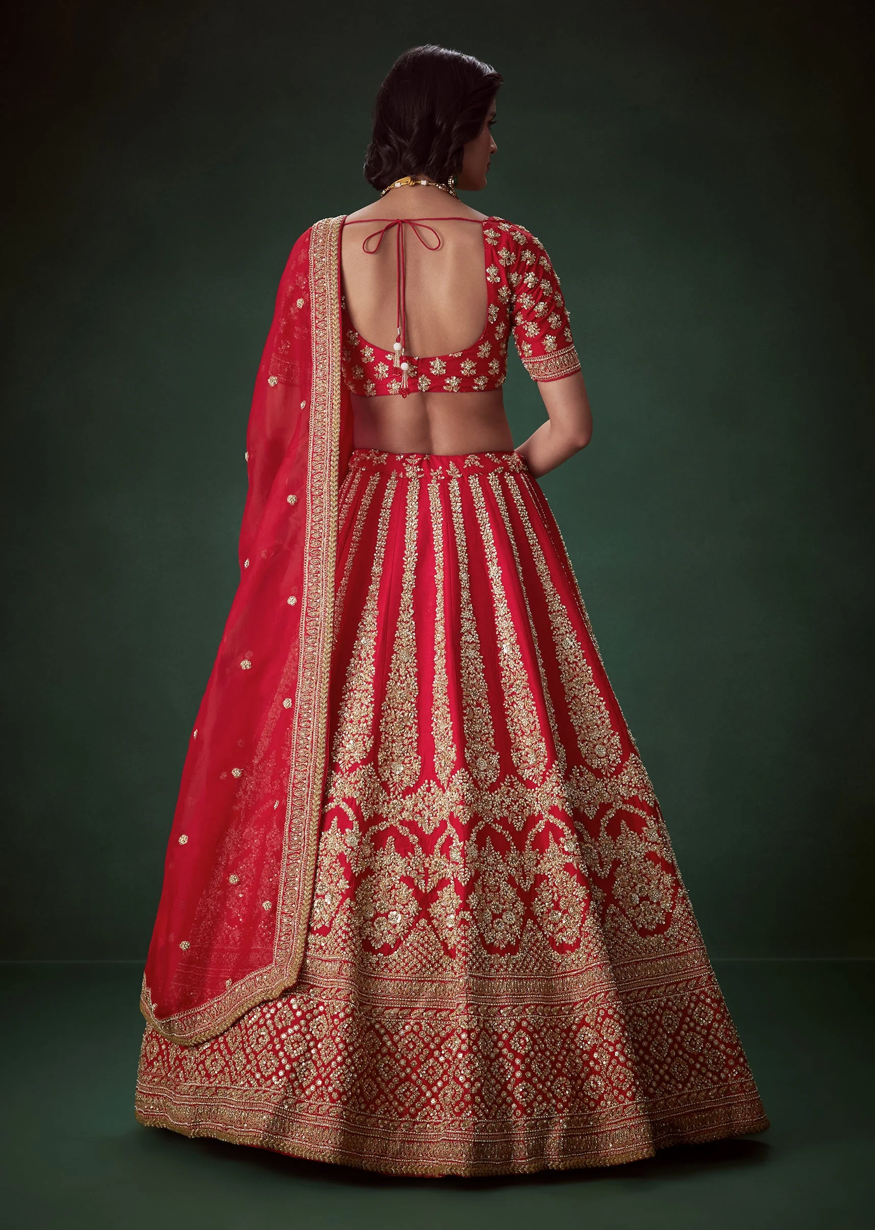 Red Silk Bridal Lehenga Set with Zari and Beads - Image 2