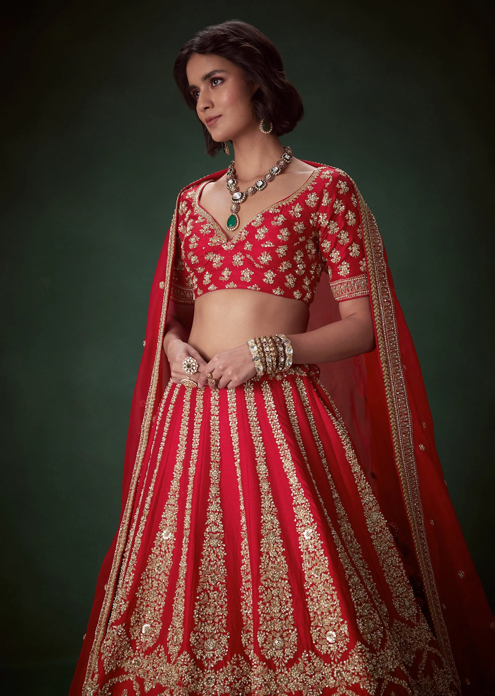 Red Silk Bridal Lehenga Set with Zari and Beads - Image 6