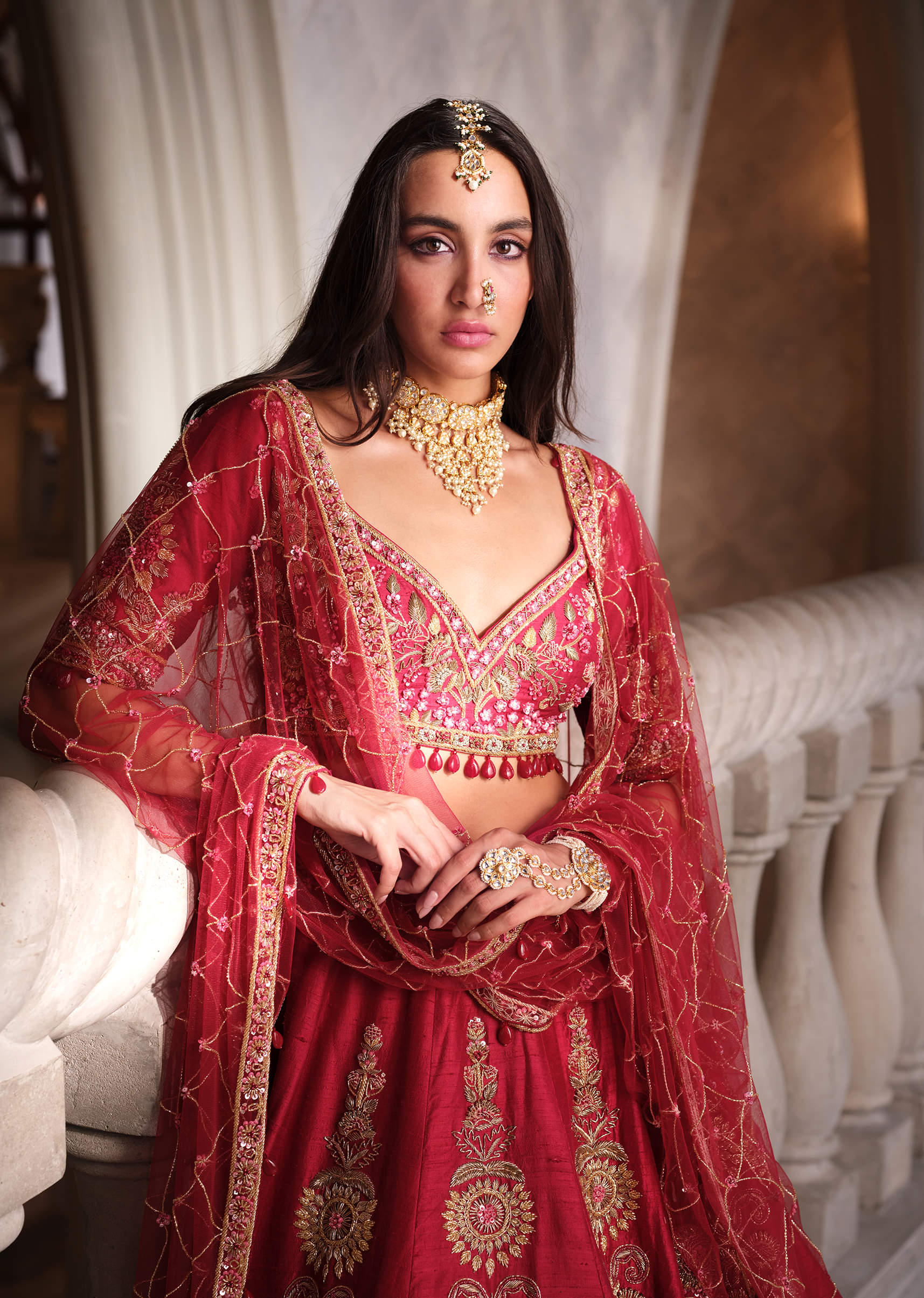 Red Silk Bridal Lehenga With Heavy Zardosi Work and Embroidery - Image 2