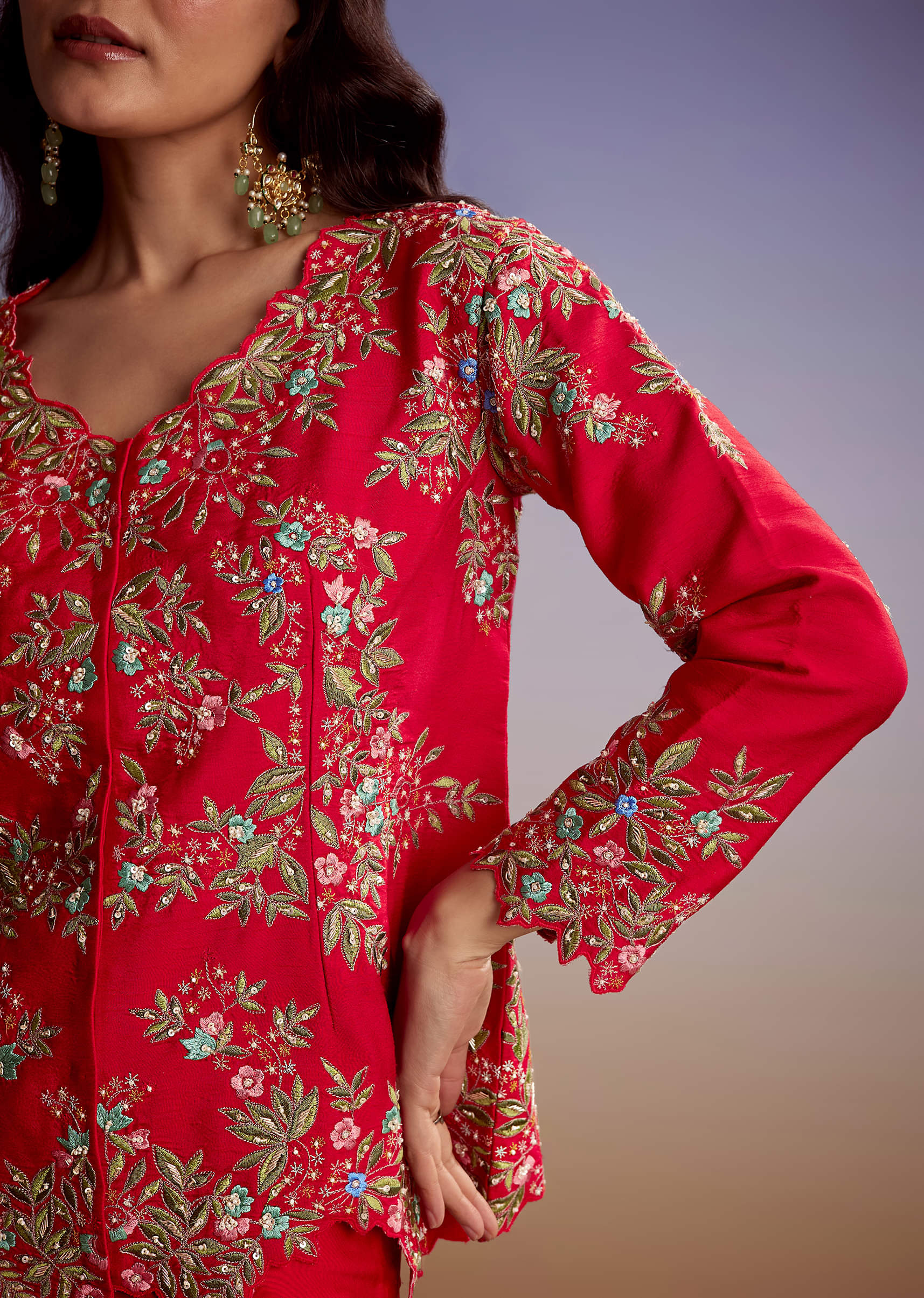 Red Silk Crop Top And Drape Skirt With Resham Work - Image 2