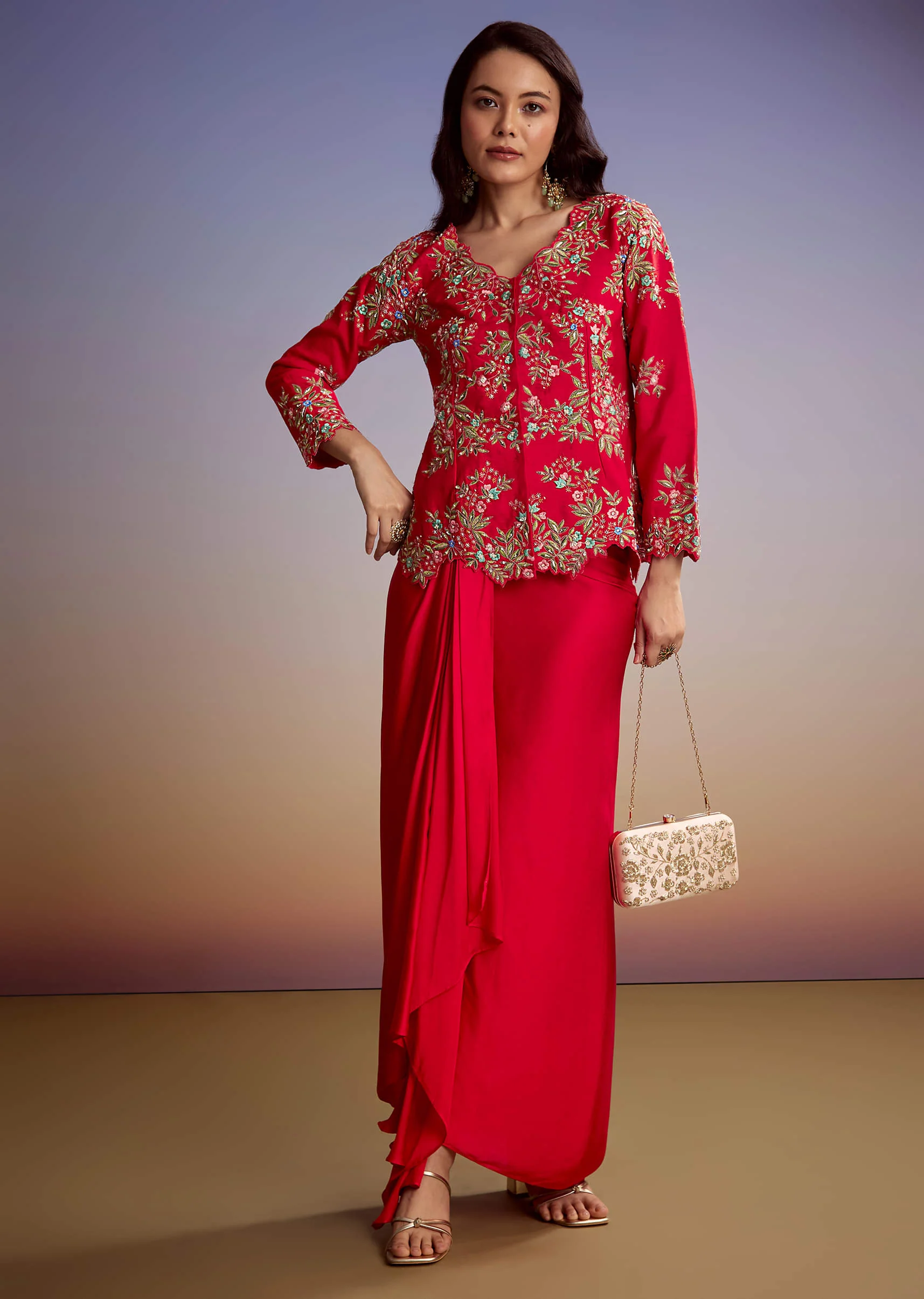 Red Silk Crop Top And Drape Skirt With Resham Work - Image 3
