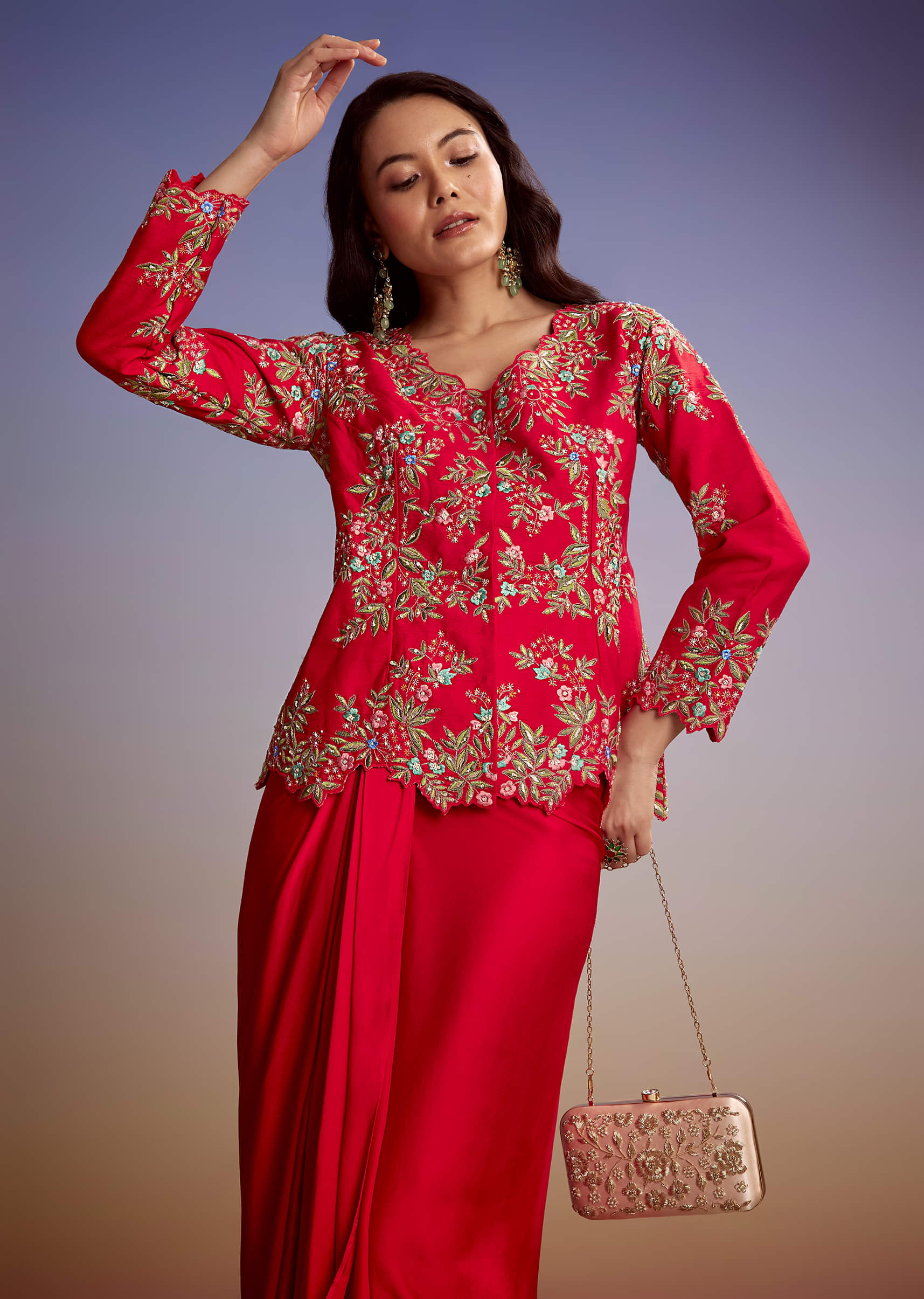 Red Silk Crop Top And Drape Skirt With Resham Work - Image 4