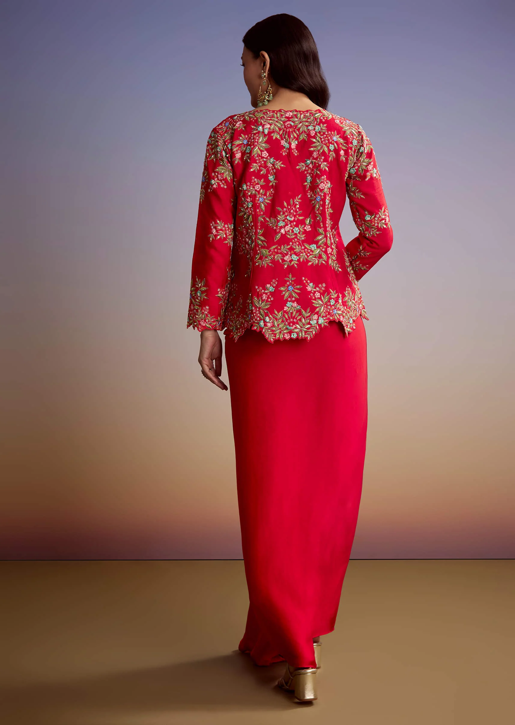 Red Silk Crop Top And Drape Skirt With Resham Work - Image 5