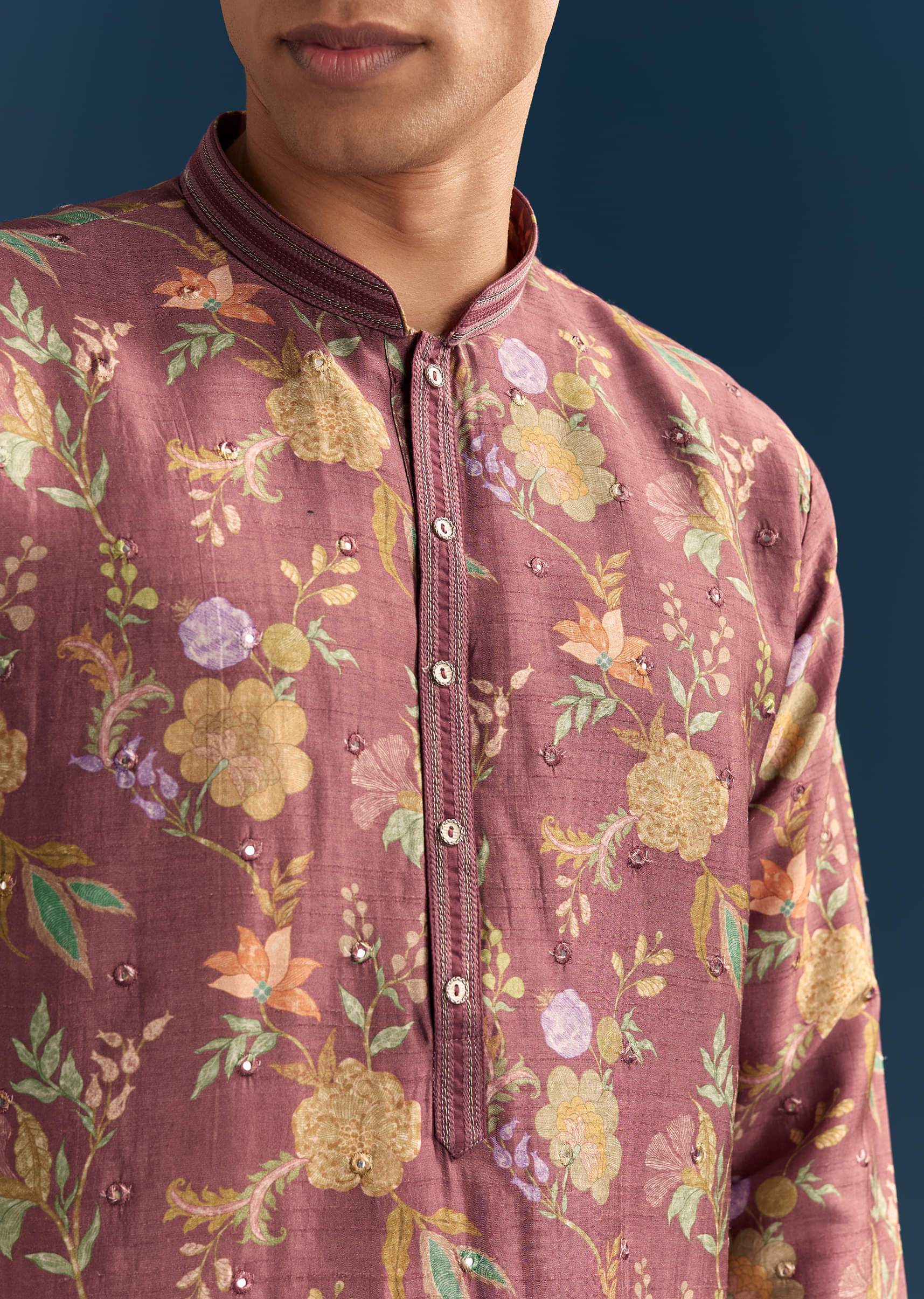 Red Silk Floral Kurta Set For Men With Mirror Embroidery