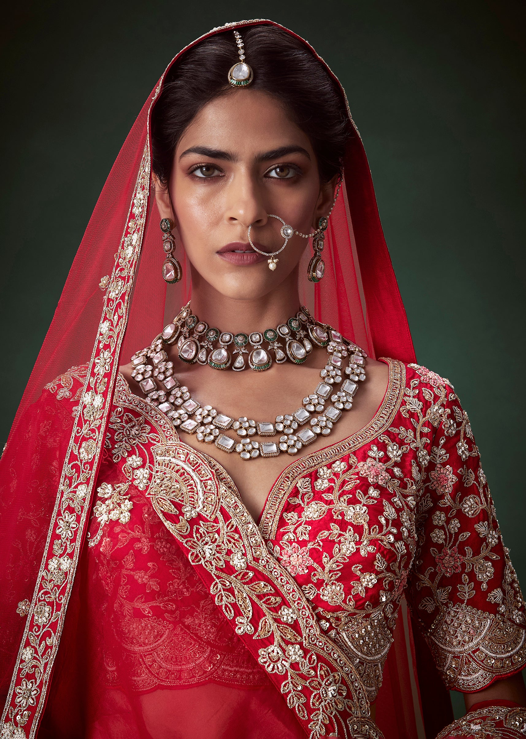 Red Silk Heavy Work Bridal Lehenga Set with Two Dupattas - Image 7