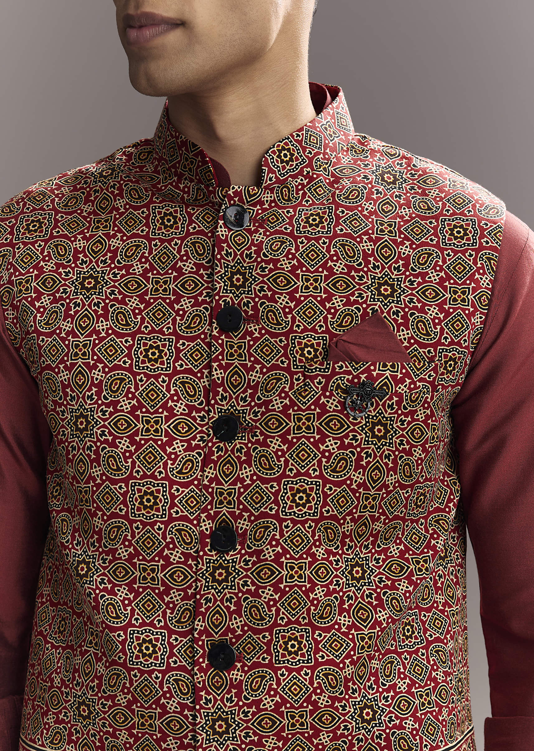 Red Silk Kurta Jacket Set For Men With Hand Block Ajrakh Print - Image 2