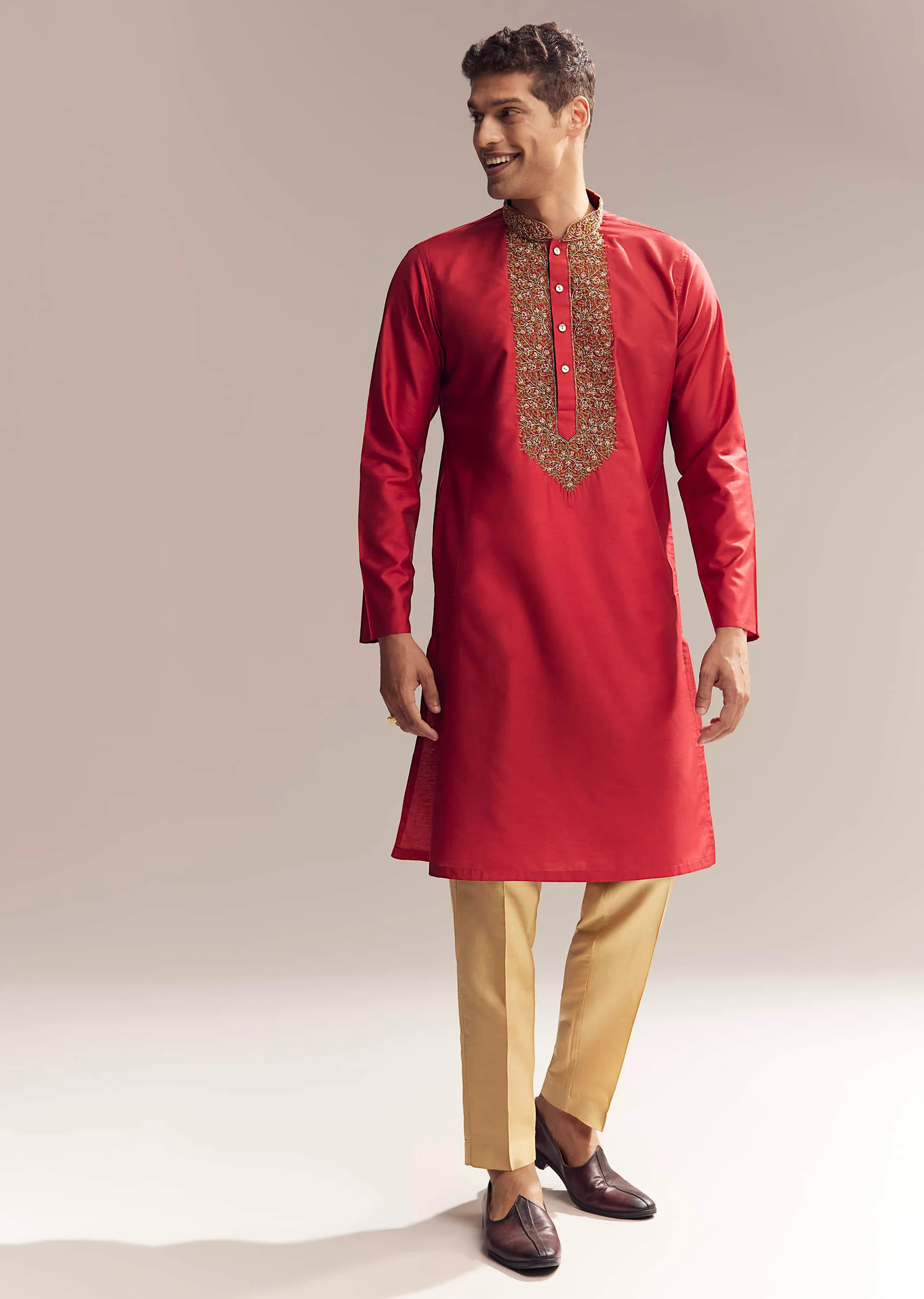 Red Silk Kurta Set For Men With Aari And Resham Knots - Image 3
