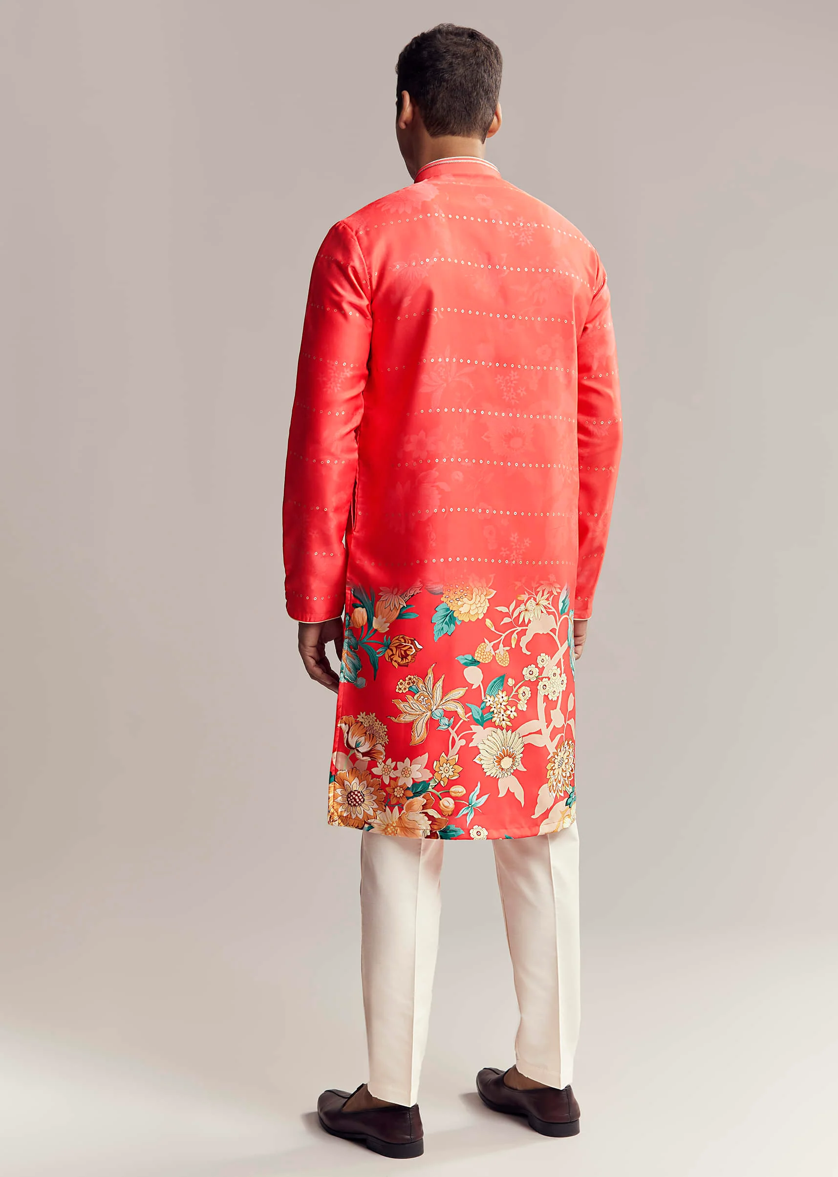 Red Silk Kurta Set For Men With Floral Print - Image 5