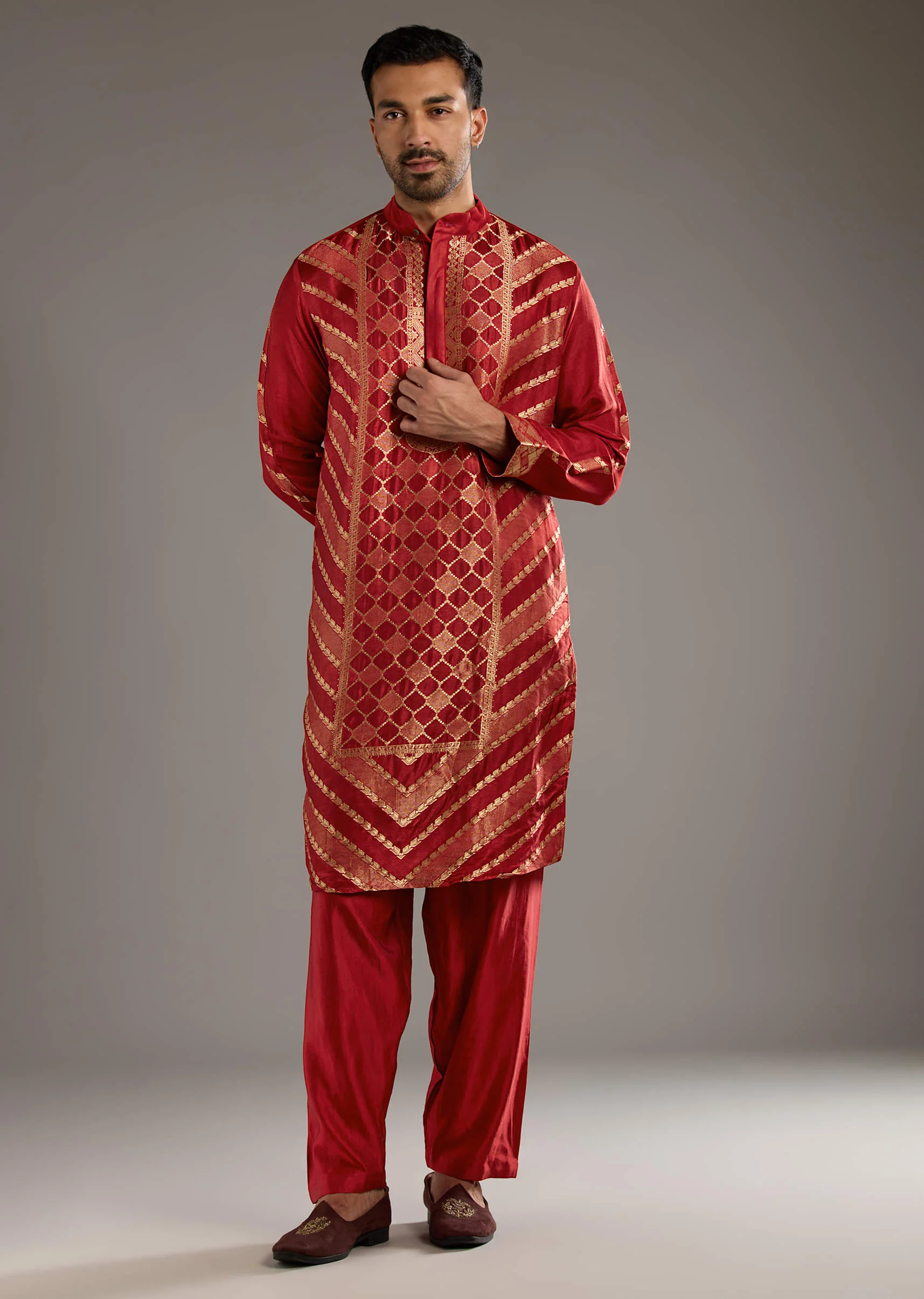 Red Silk Kurta Set For Men With Handwoven Jacquard Work - Image 3