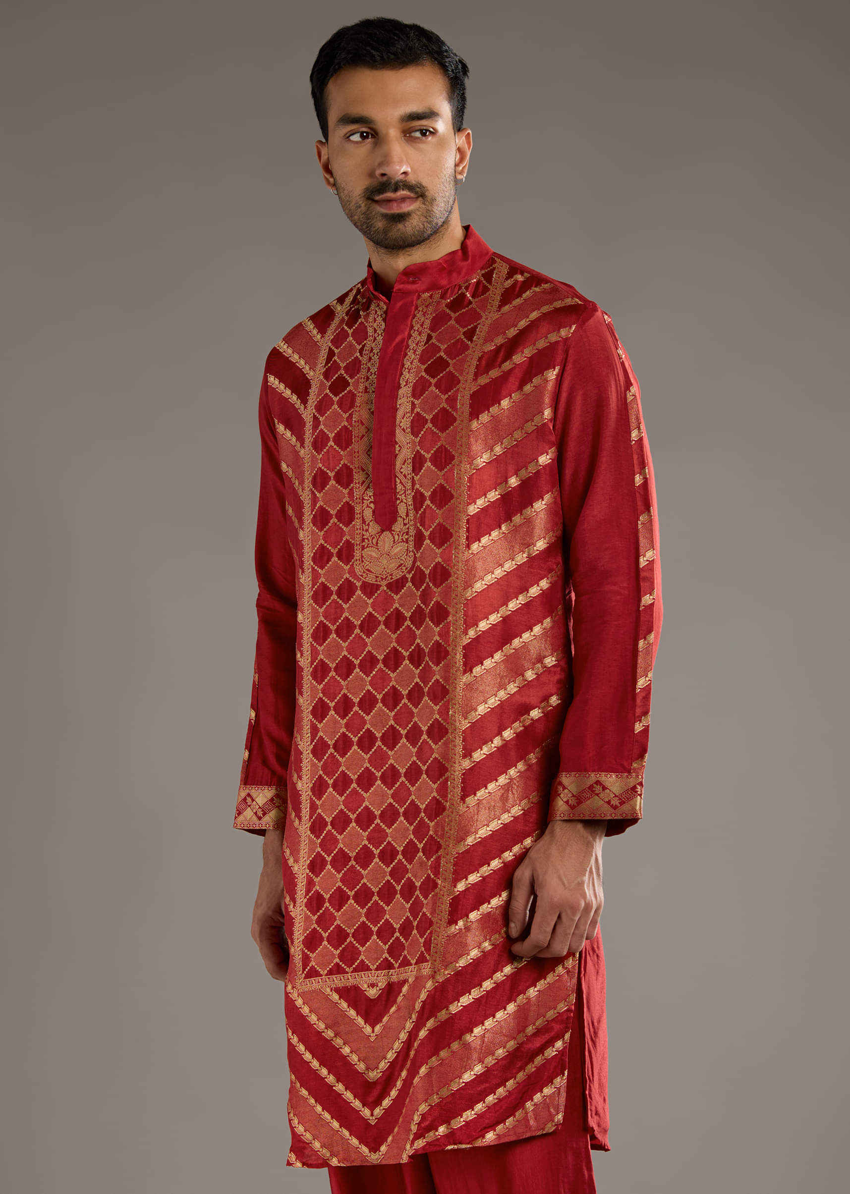 Red Silk Kurta Set For Men With Handwoven Jacquard Work - Image 4