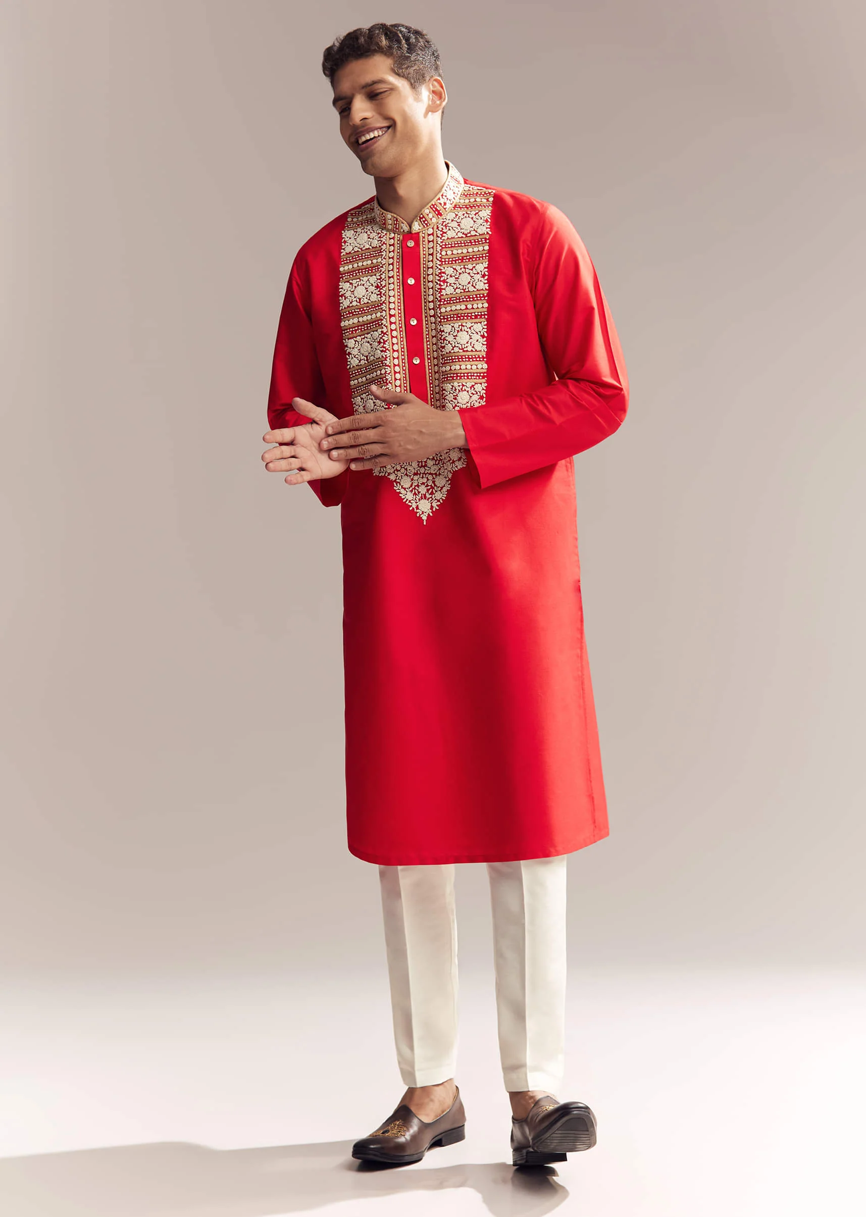 Red Silk Kurta Set For Men With Kashmiri Hand Work - Image 3