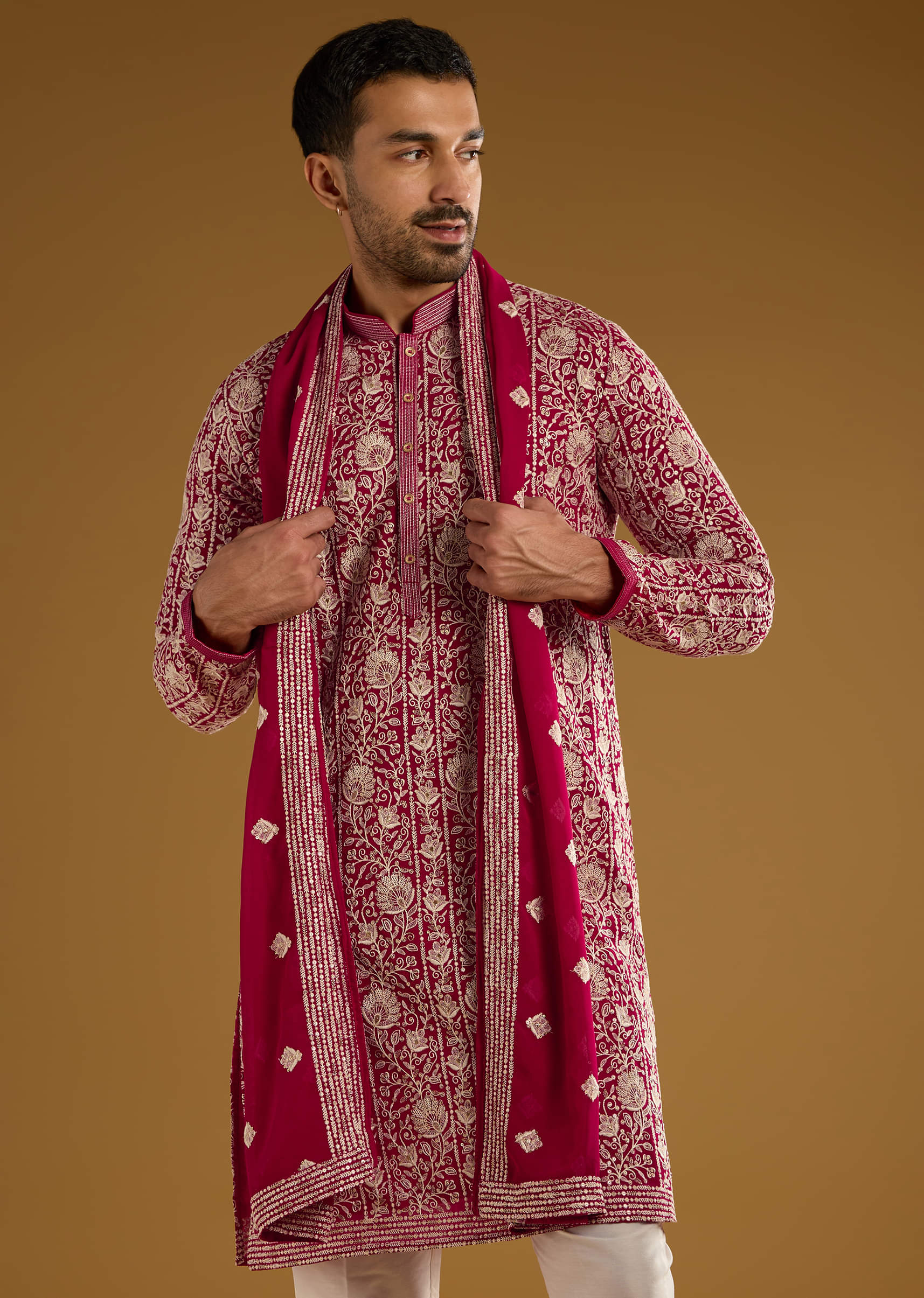 Red Silk Kurta Set For Men With Resham Embroidery - Image 2