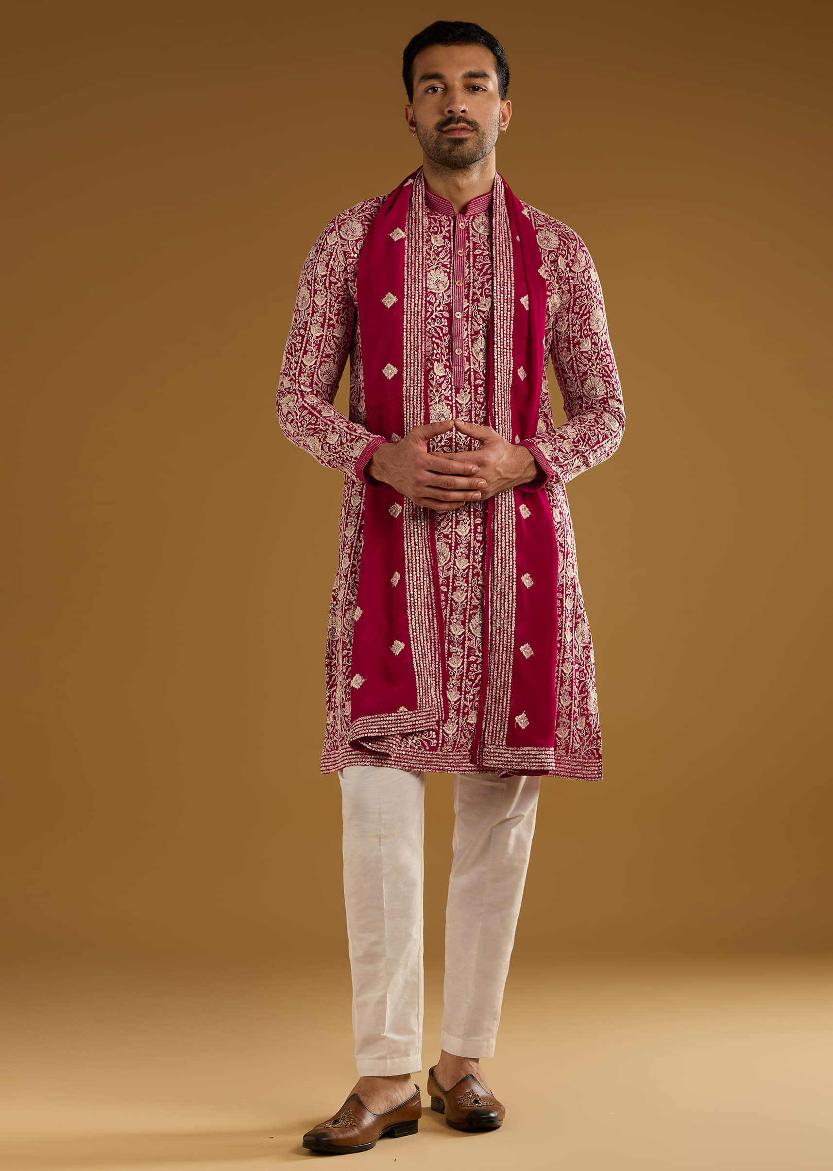Red Silk Kurta Set For Men With Resham Embroidery - Image 3