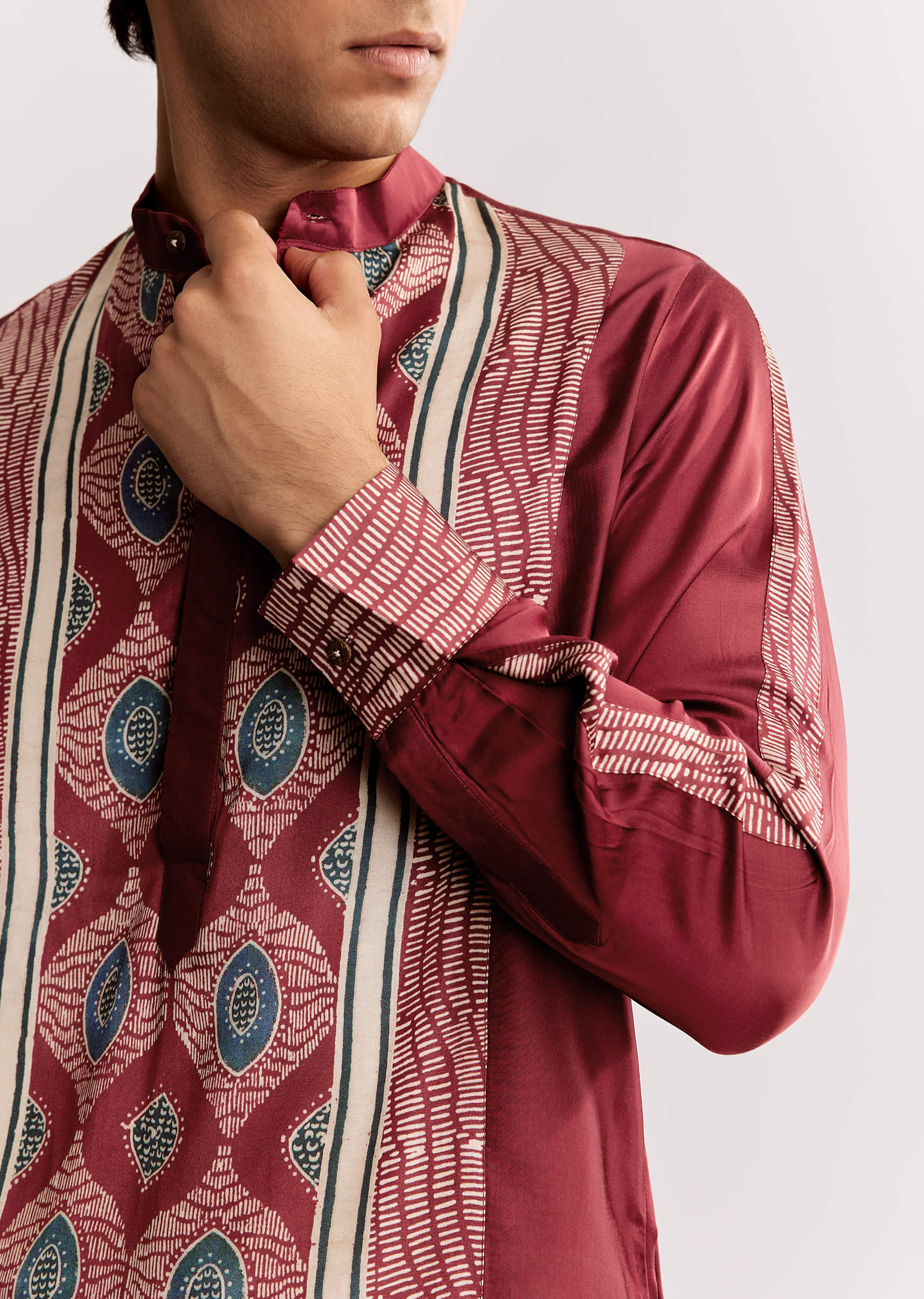 Red Silk Kurta Set With Ajrakh Print - Image 2