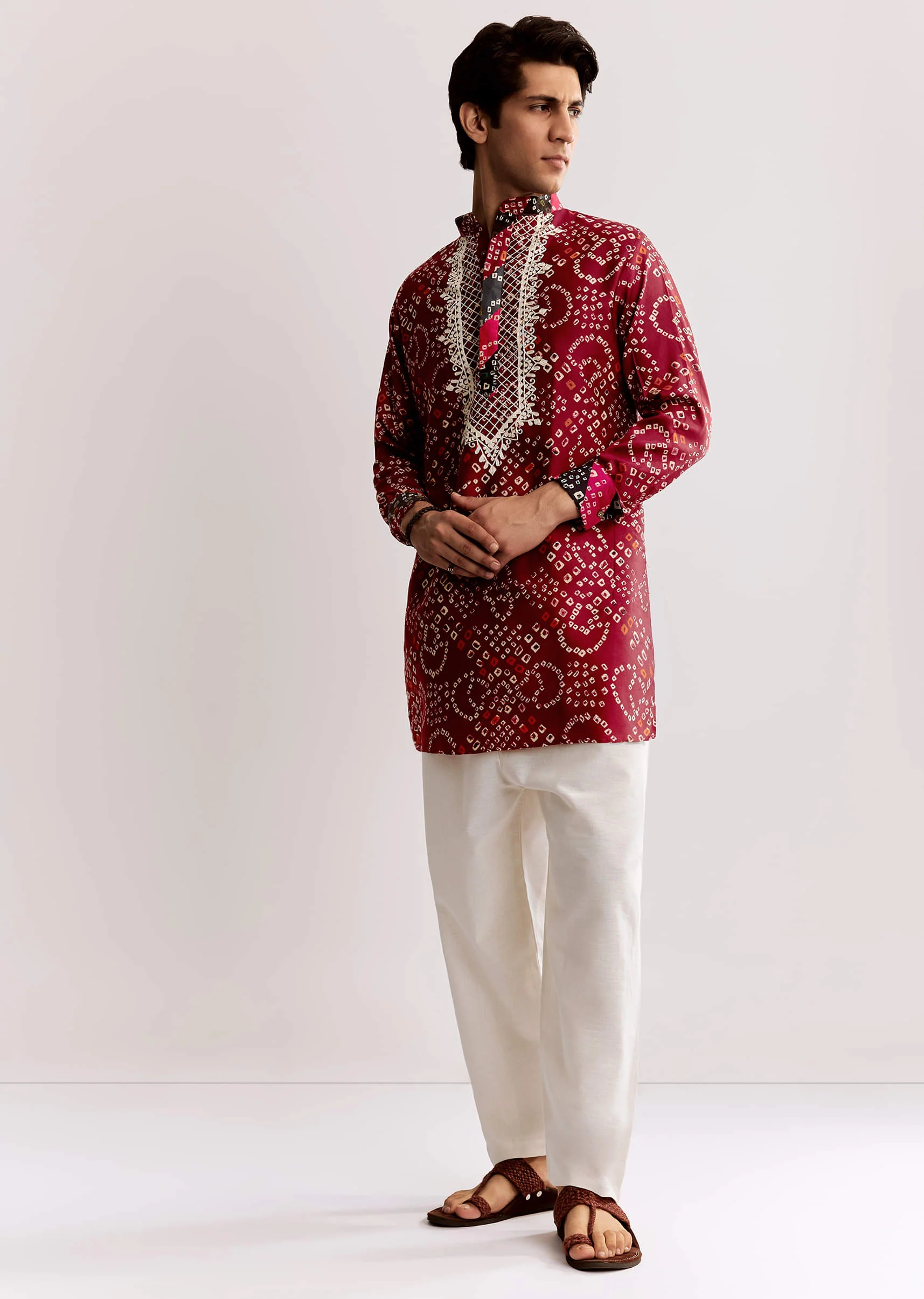 Red Silk Kurta Set With Bandhani Print - Image 2