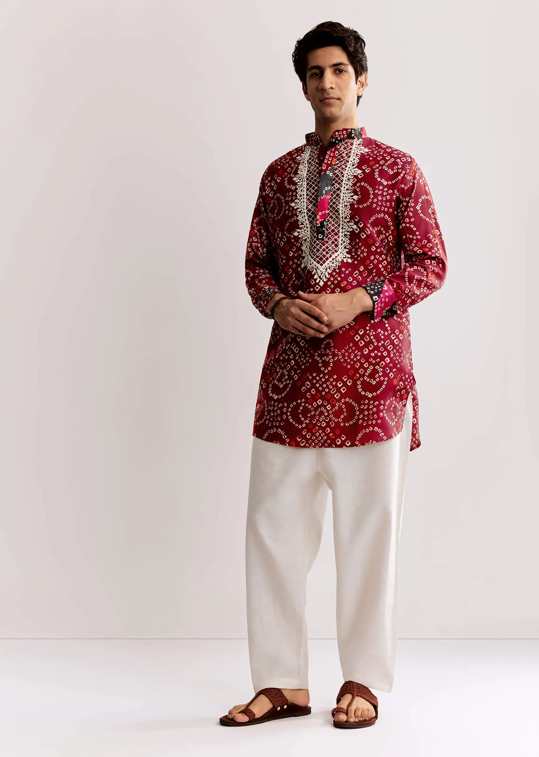 Red Silk Kurta Set With Bandhani Print - Image 4
