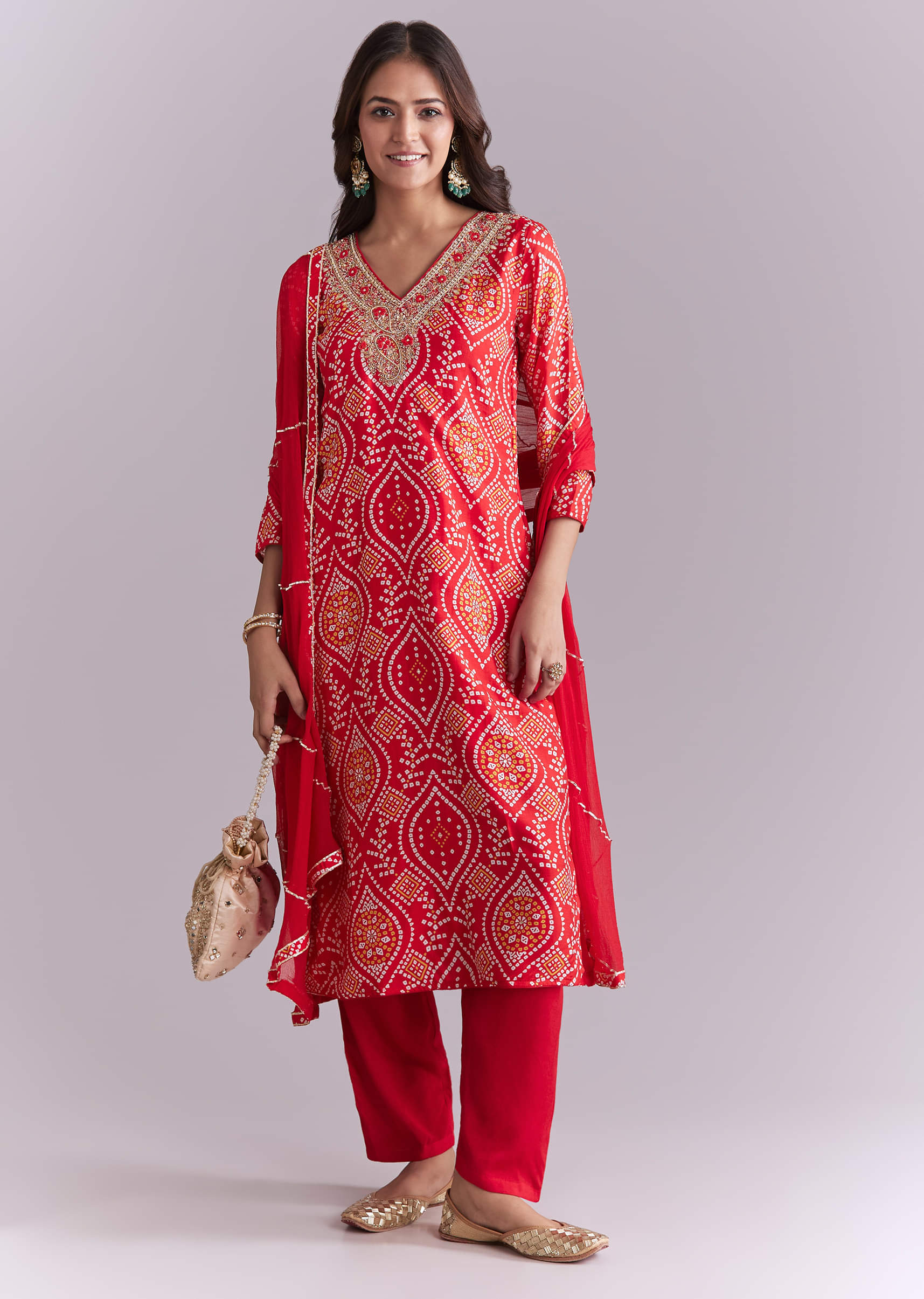 Red Silk Kurta Set With Bandhani Print And Embroidery - Image 3