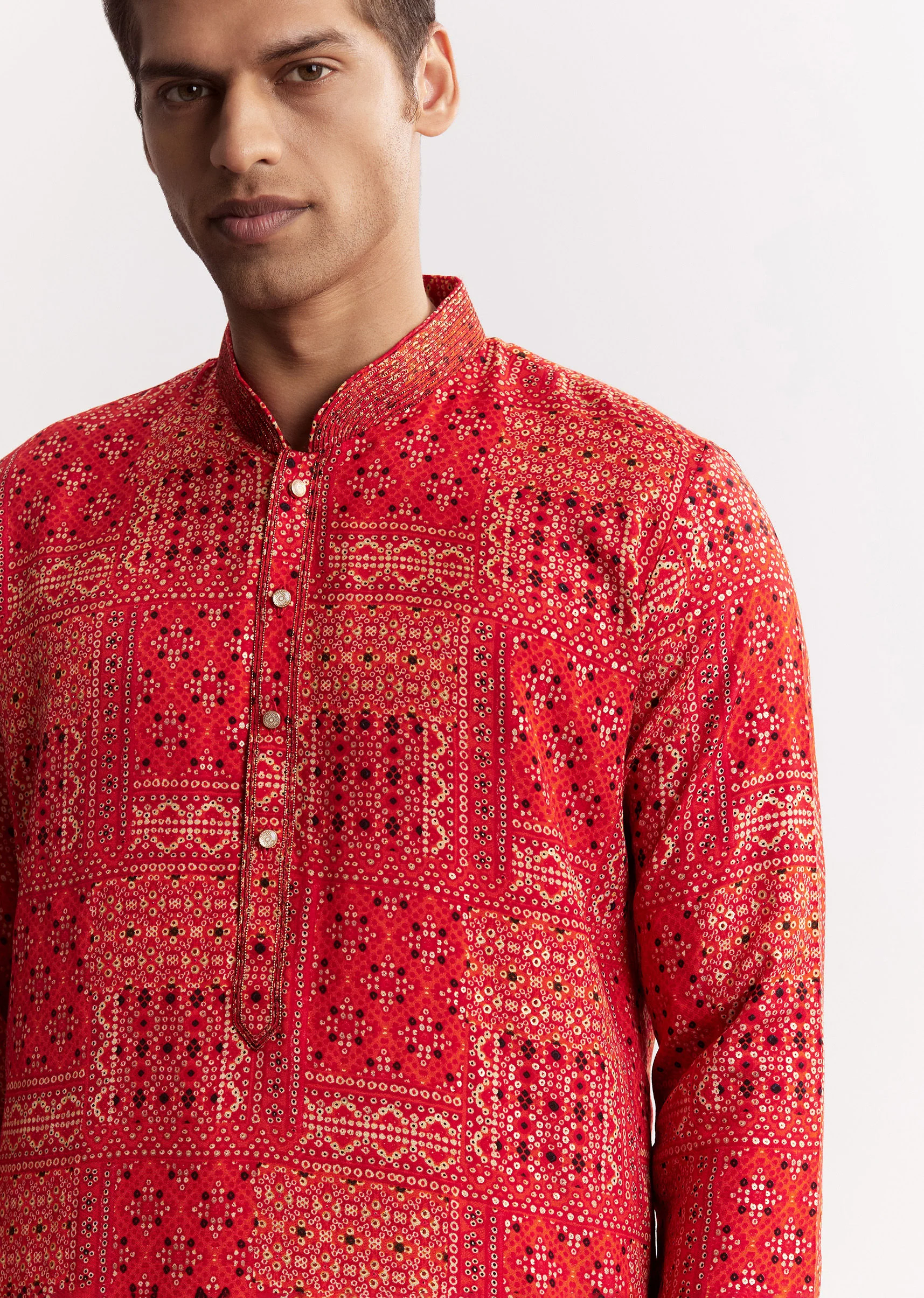 Red Silk Kurta Set With Mandarin Collar - Image 3