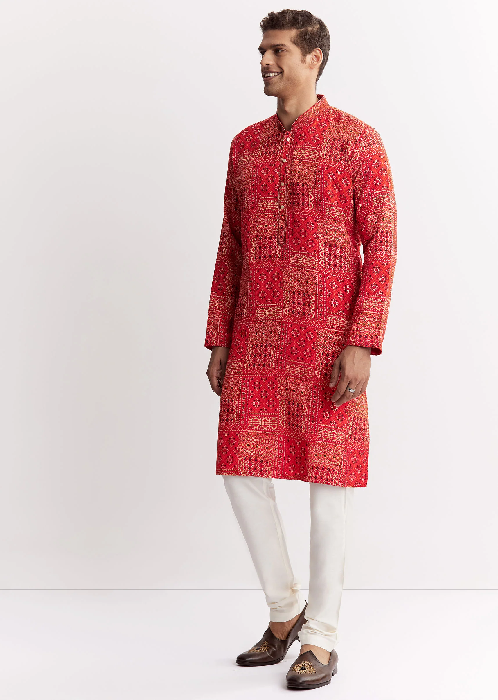 Red Silk Kurta Set With Mandarin Collar - Image 4