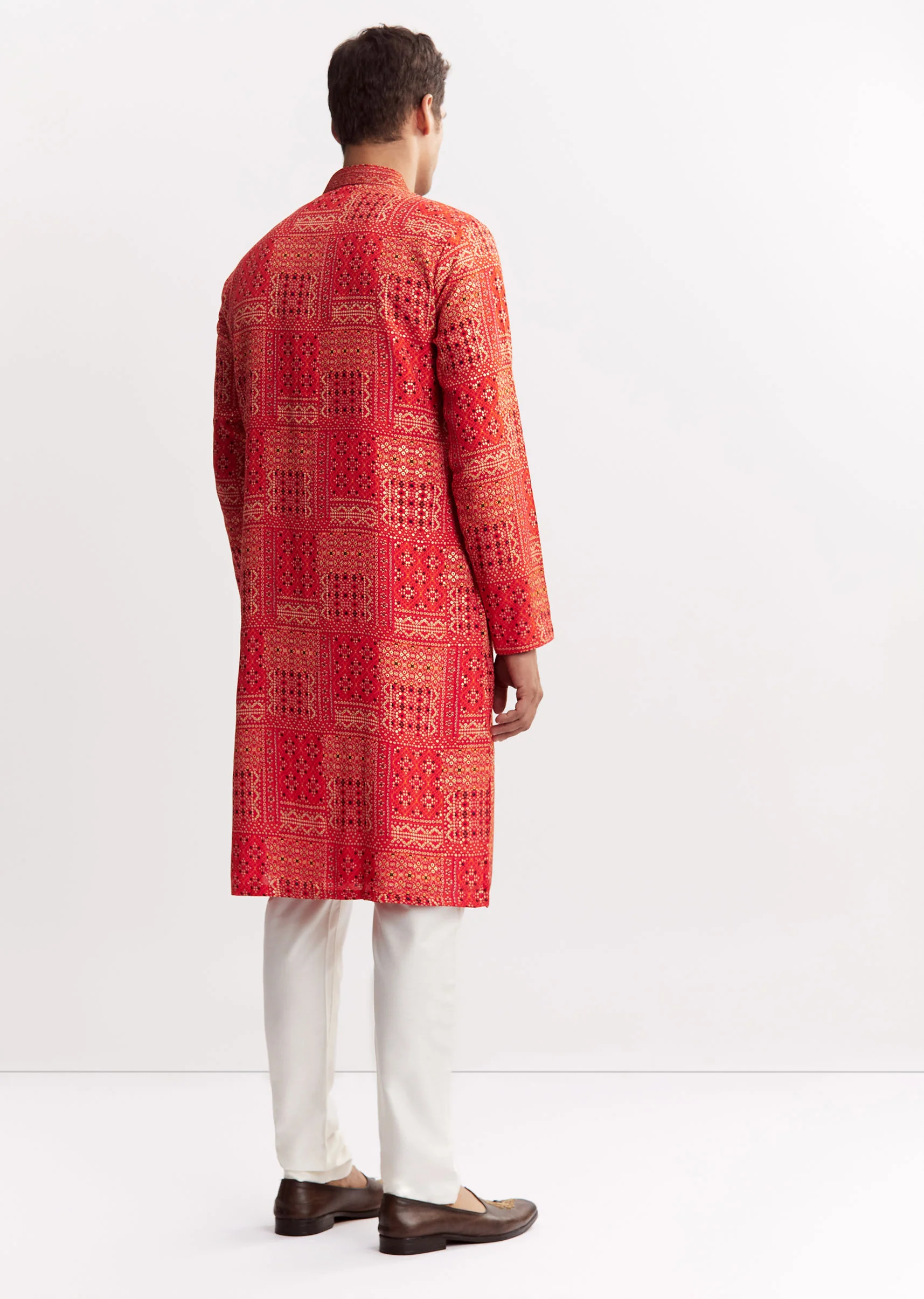 Red Silk Kurta Set With Mandarin Collar - Image 5