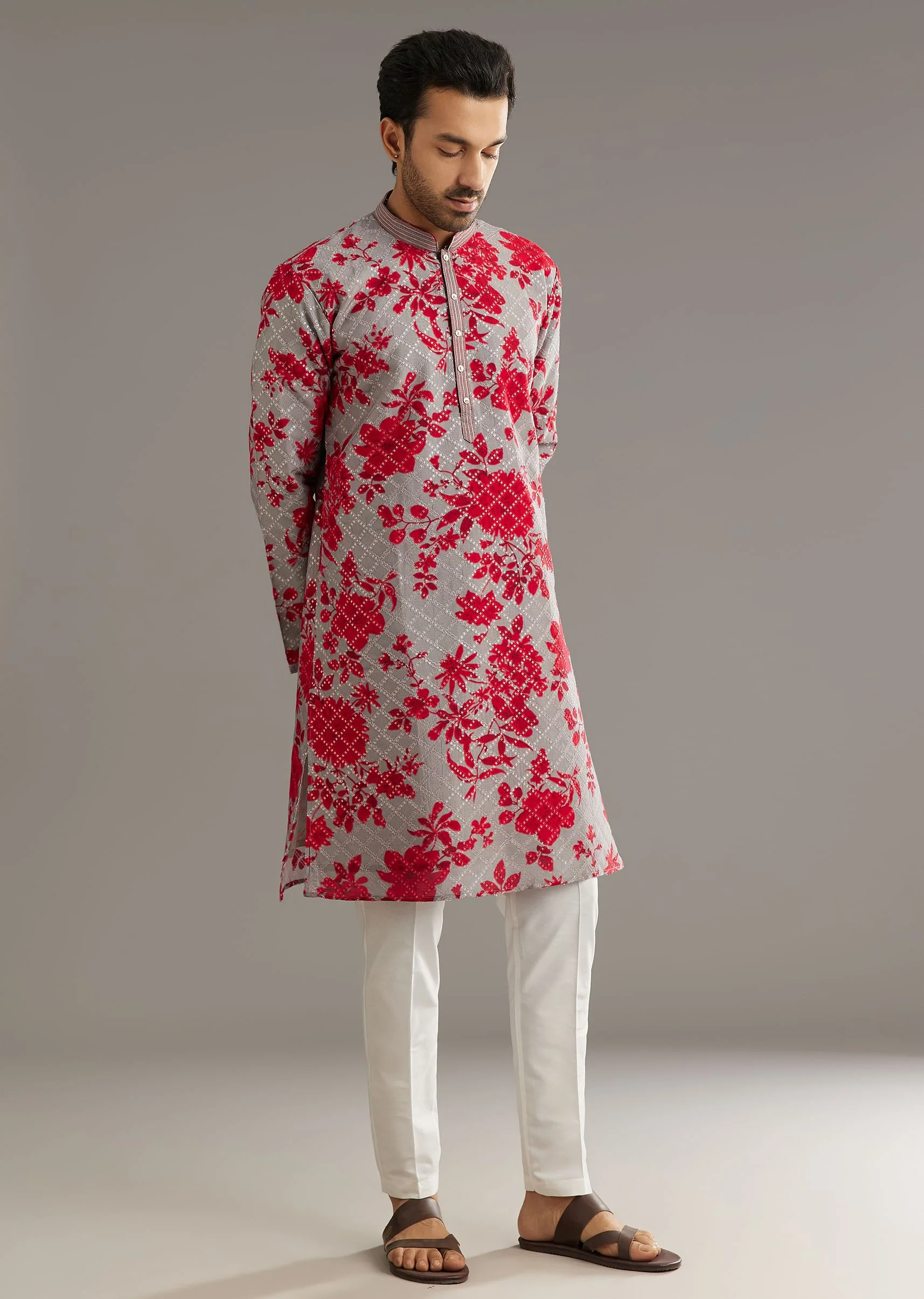 Red Silk Kurta Set With Stone Embellishment - Image 4