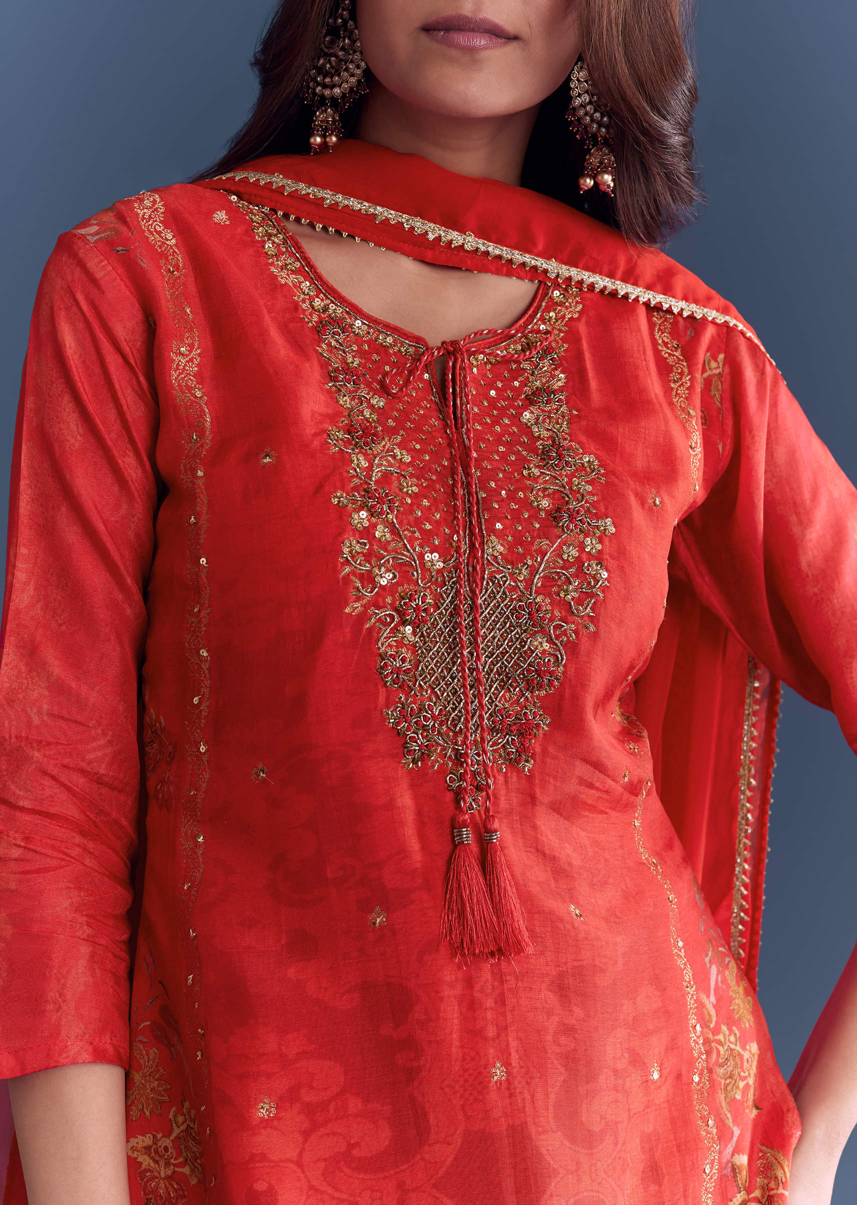 Red Silk Palazzo Suit With Indie Print And Hand Embroidery - Image 2
