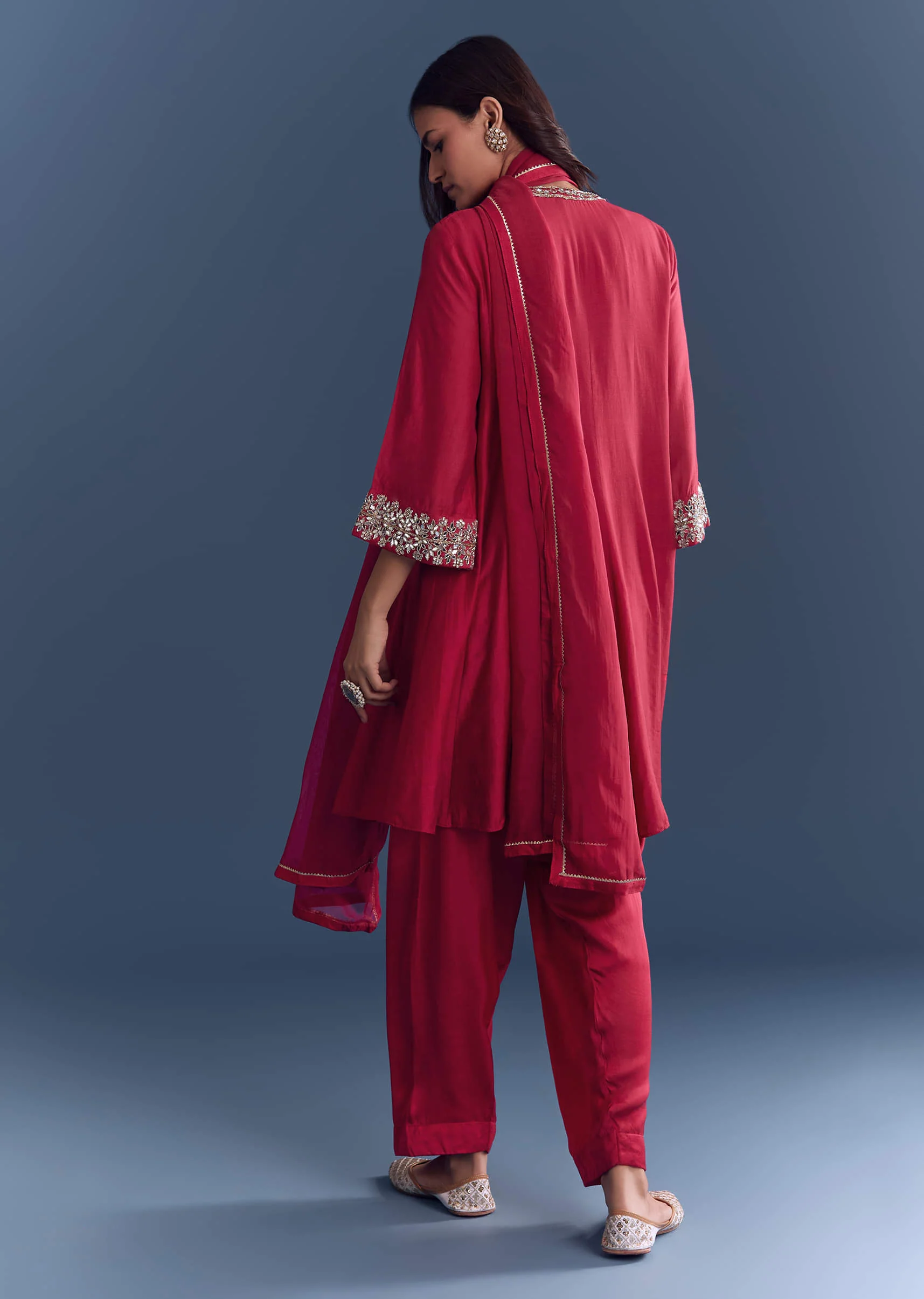 Red Silk Patiala Suit With Mirror And Cutdana Embroidery - Image 5