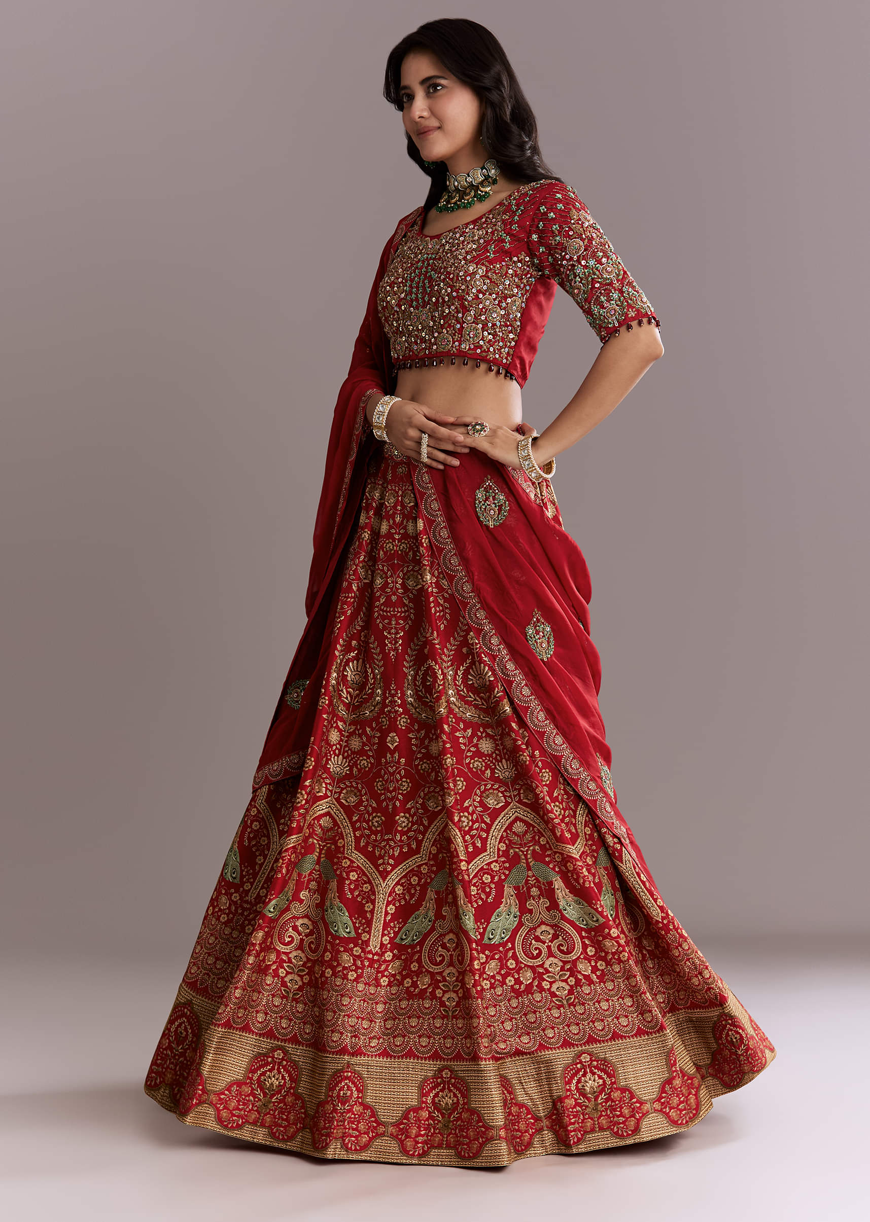 Red Silk Printed Bridesmaid Lehenga With Intricate Hand Embroidery - Image 4