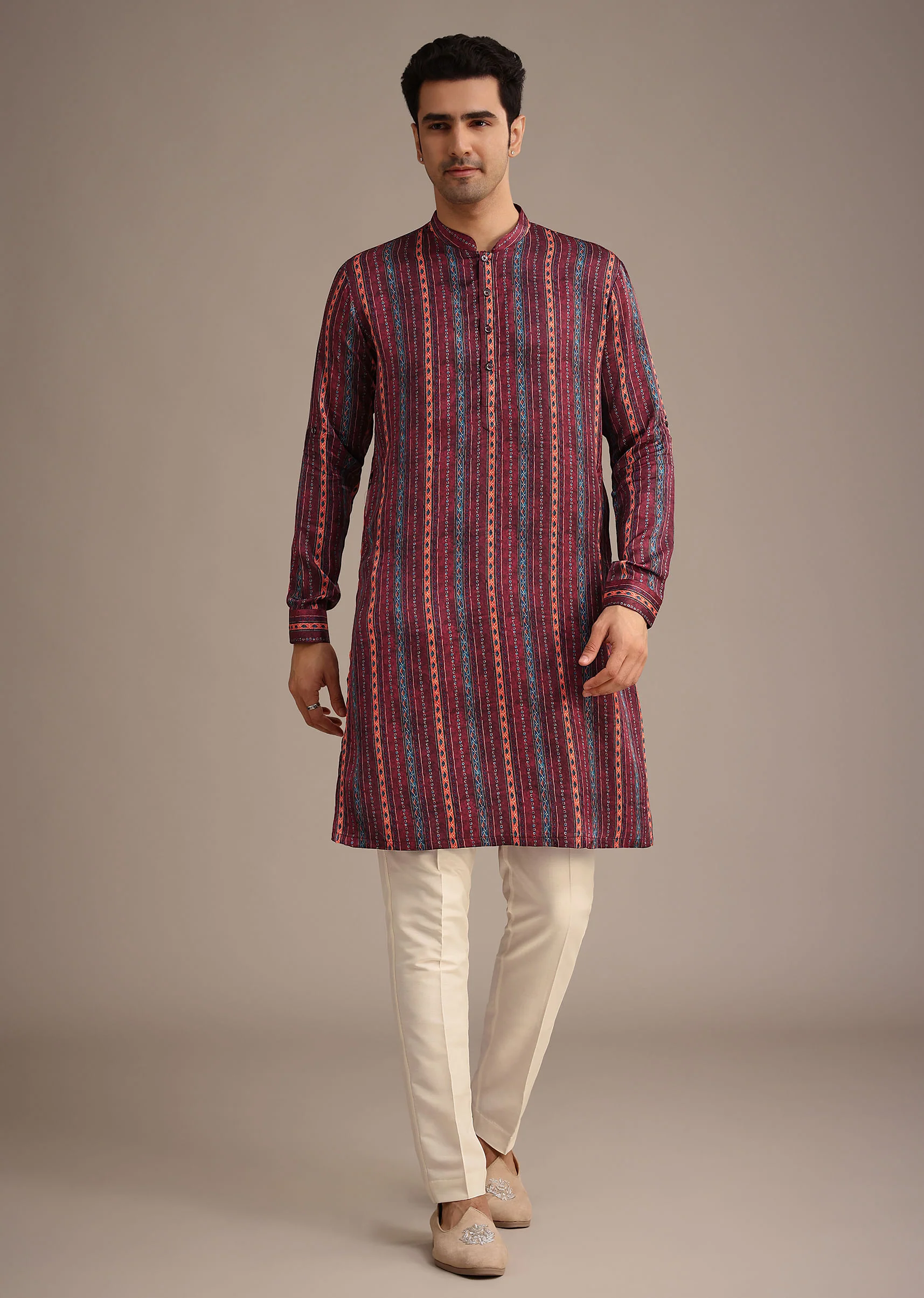 Red Silk Printed Jacket And Kurta Set - Image 6