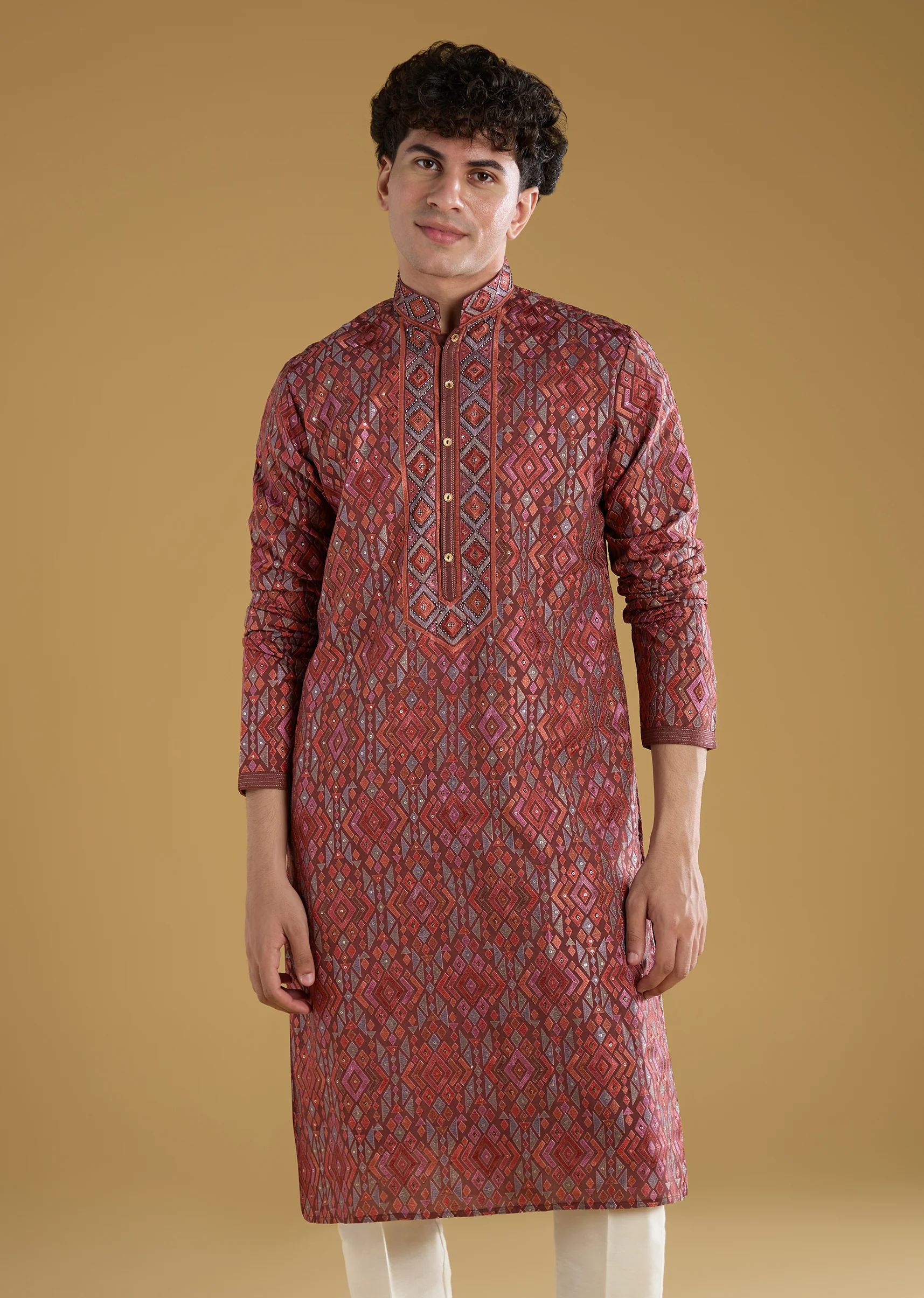Red Silk Resham Motif Mens Kurta Pant Set - Image 4