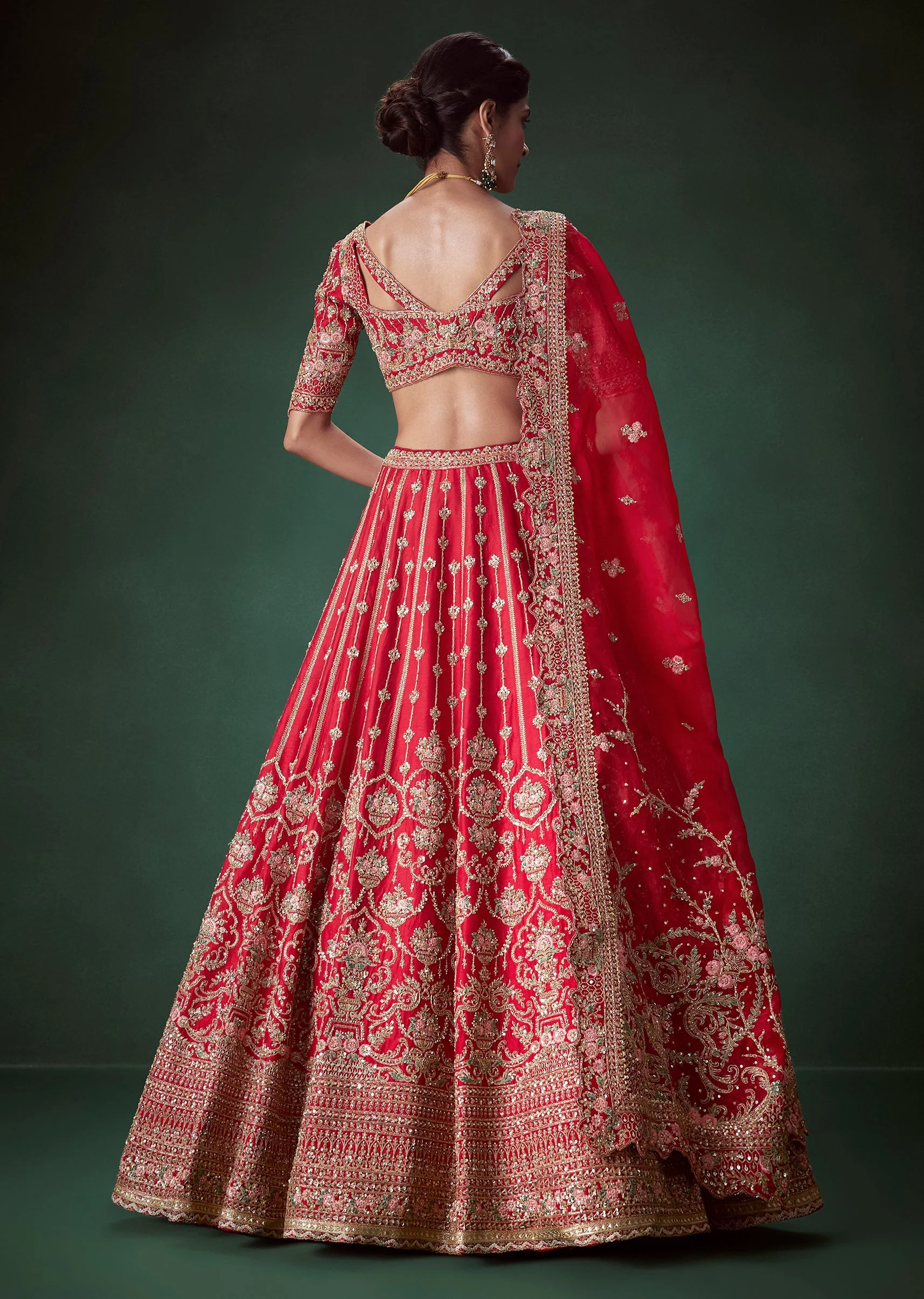 Red Silk Sequin and Stone Embellished Bridal Lehenga Set - Image 2