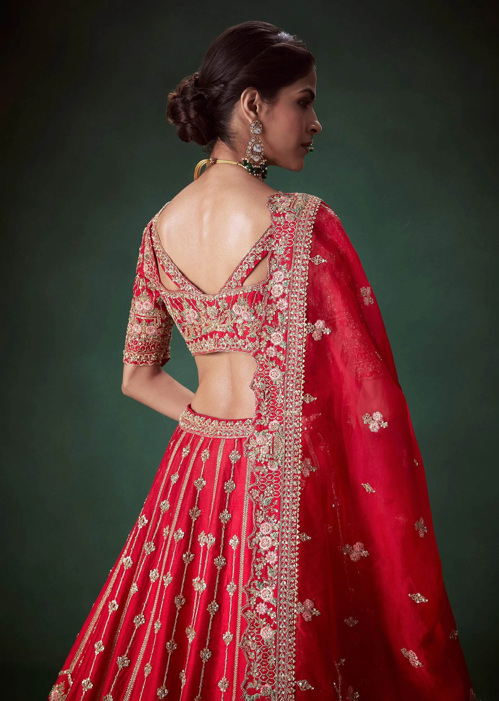 Red Silk Sequin and Stone Embellished Bridal Lehenga Set - Image 6