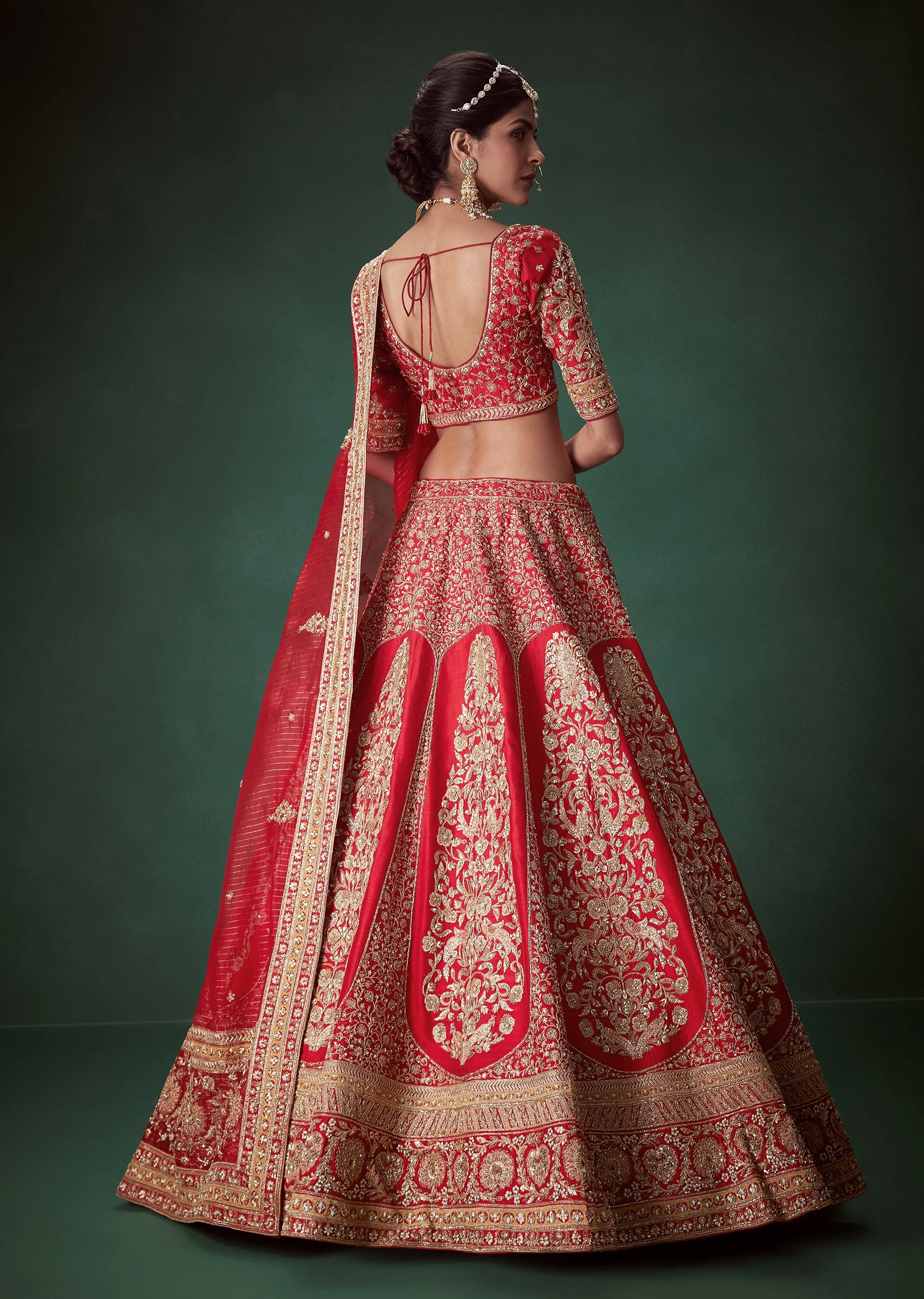 Red Silk Sequin Embellished Bridal Lehenga Set with Two Dupattas - Image 2
