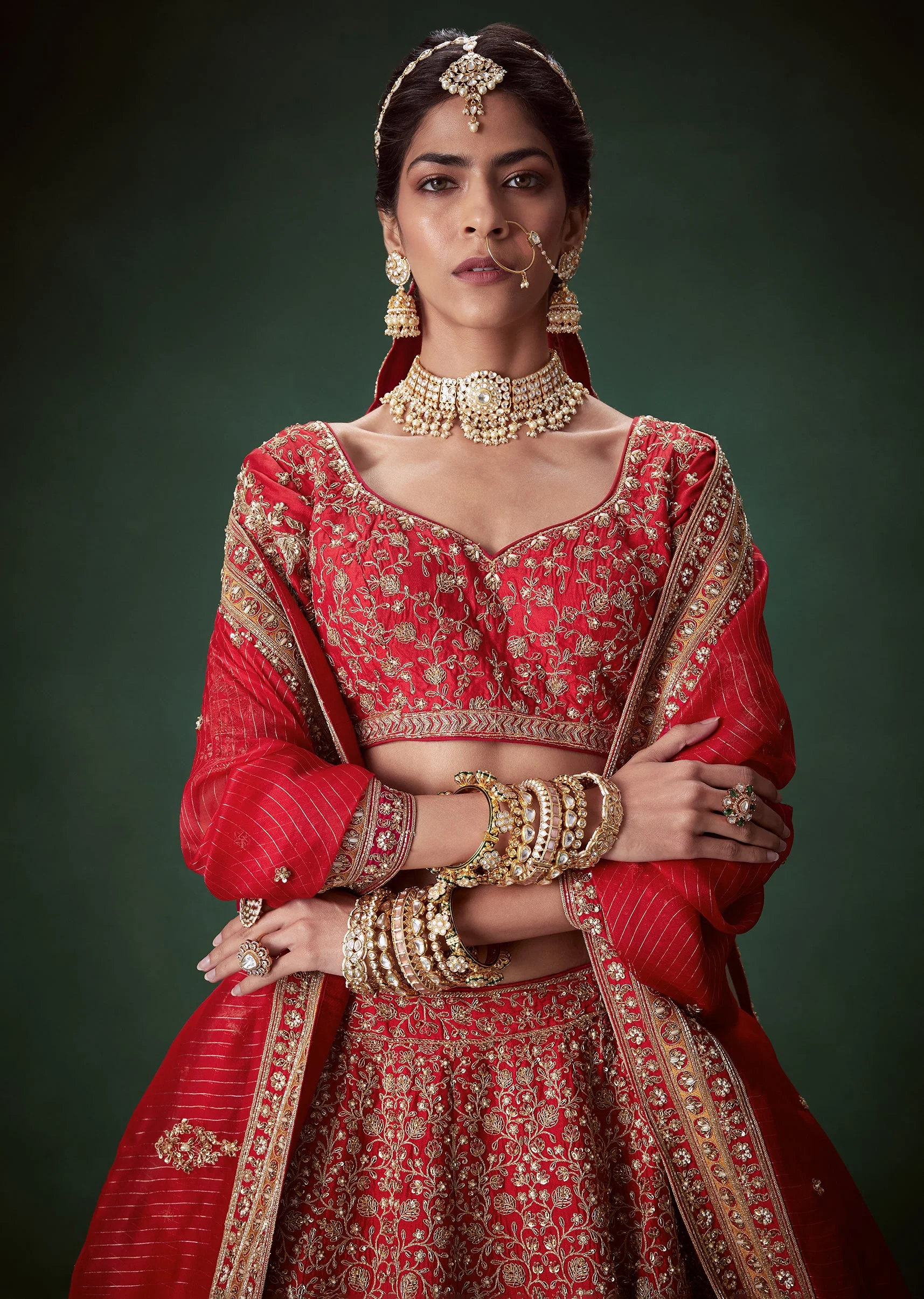 Red Silk Sequin Embellished Bridal Lehenga Set with Two Dupattas - Image 3