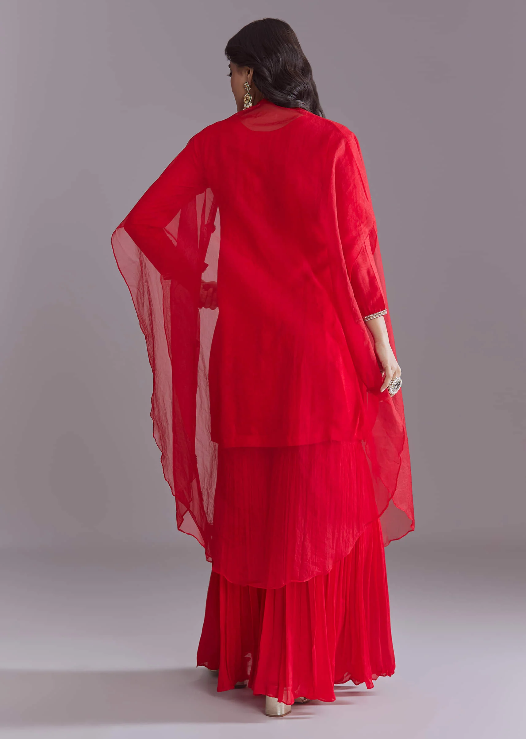 Red Silk Sharara Suit With Resham Work And Cape Dupatta - Image 5