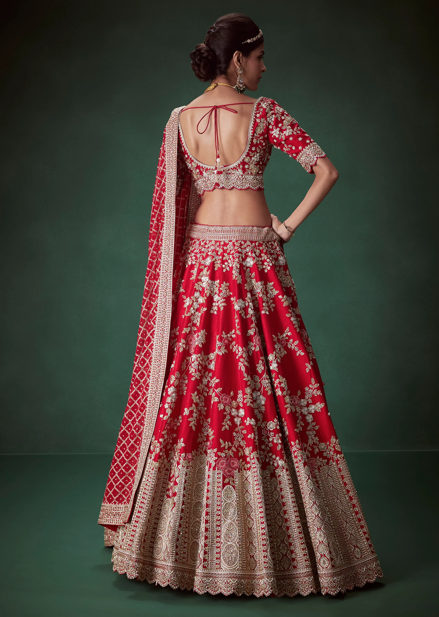 Red Silk Zari Work Bridal Lehenga Set with Two Dupatta - Image 2