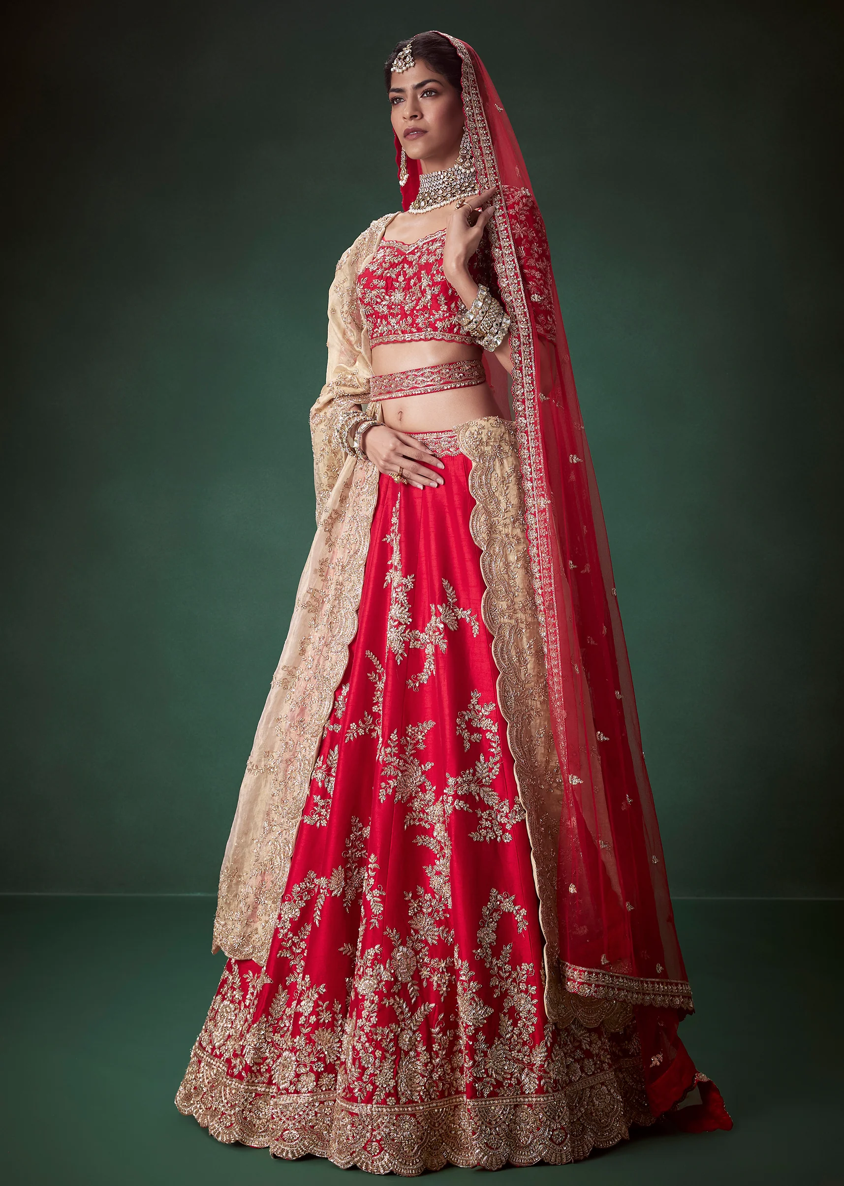 Red Silk Zari Work Bridal Lehenga Set with Two Dupattas