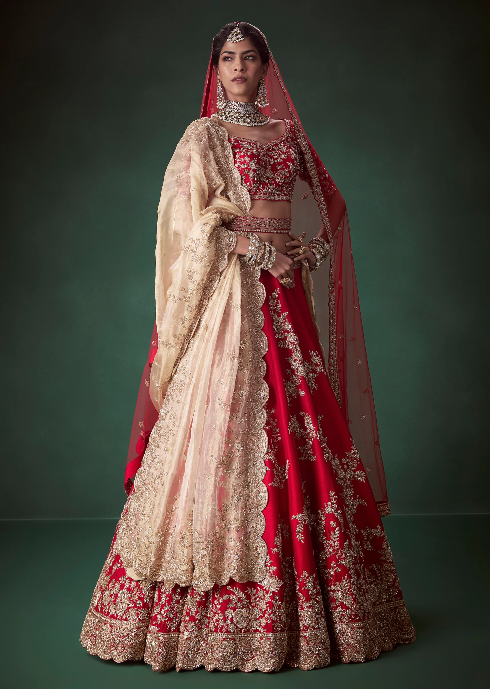 Red Silk Zari Work Bridal Lehenga Set with Two Dupattas - Image 4