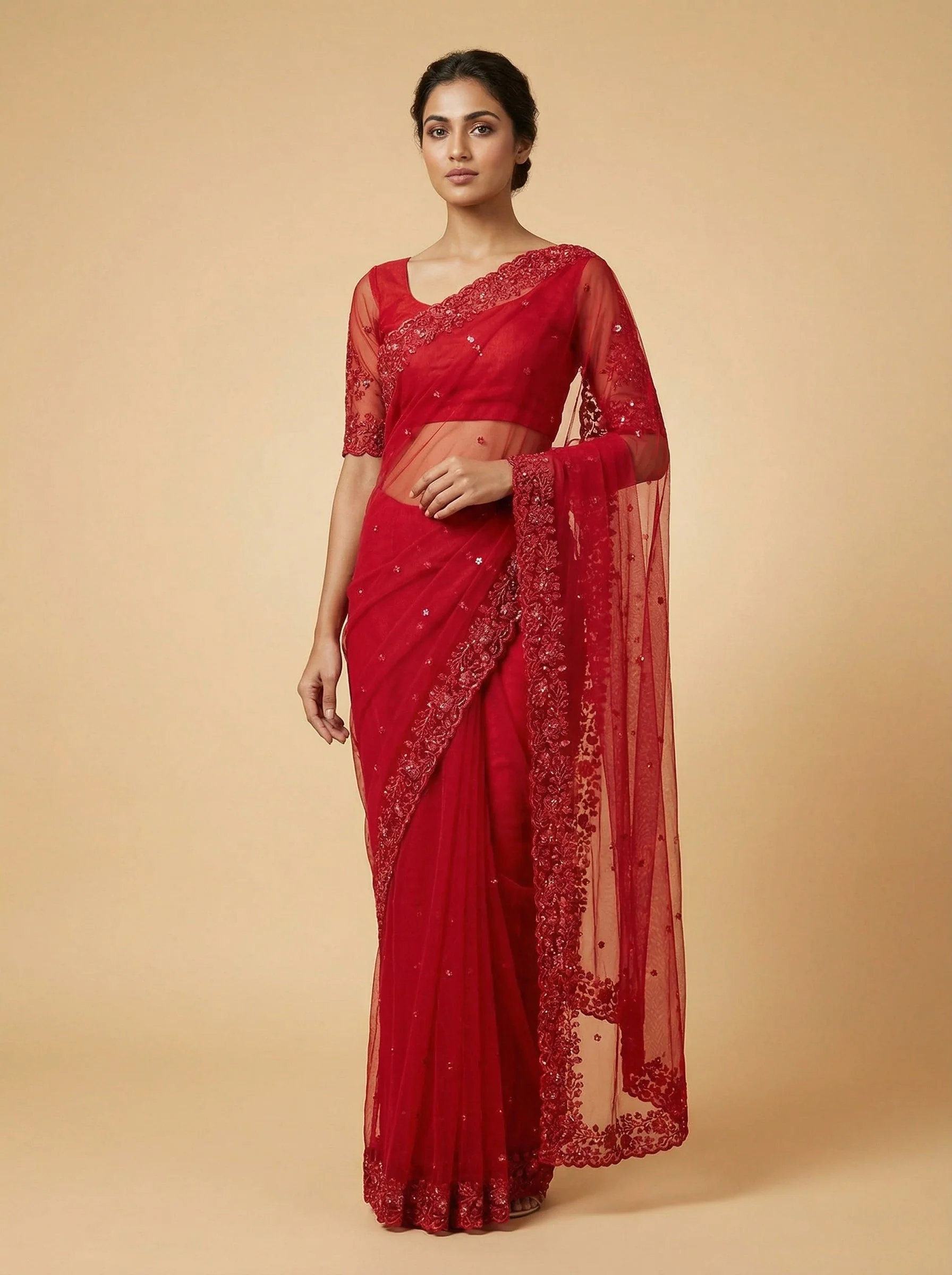 Red Sparkling Embroidered Saree