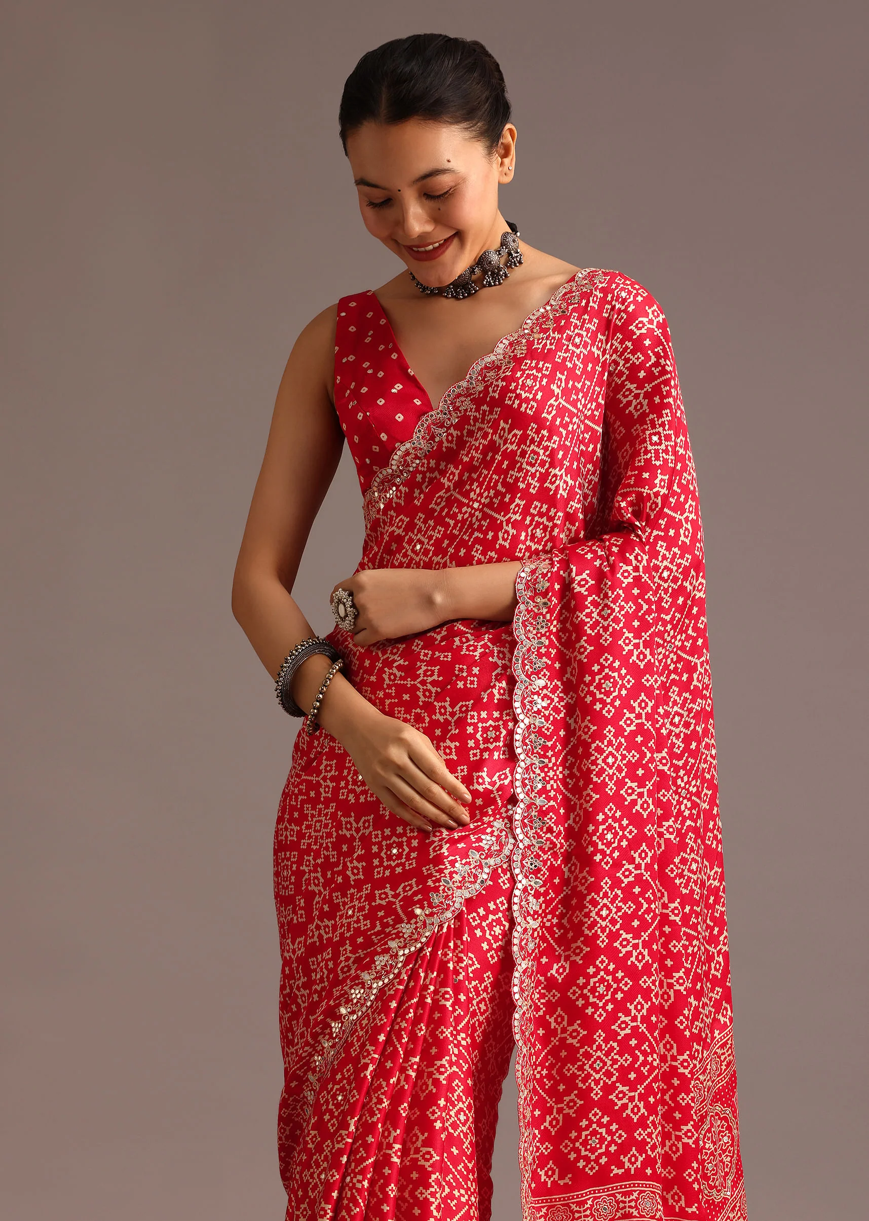 Red Traditional Ajrakh Print Satin Saree With Embellished Scallop Border And Unstitched Blouse - Image 5