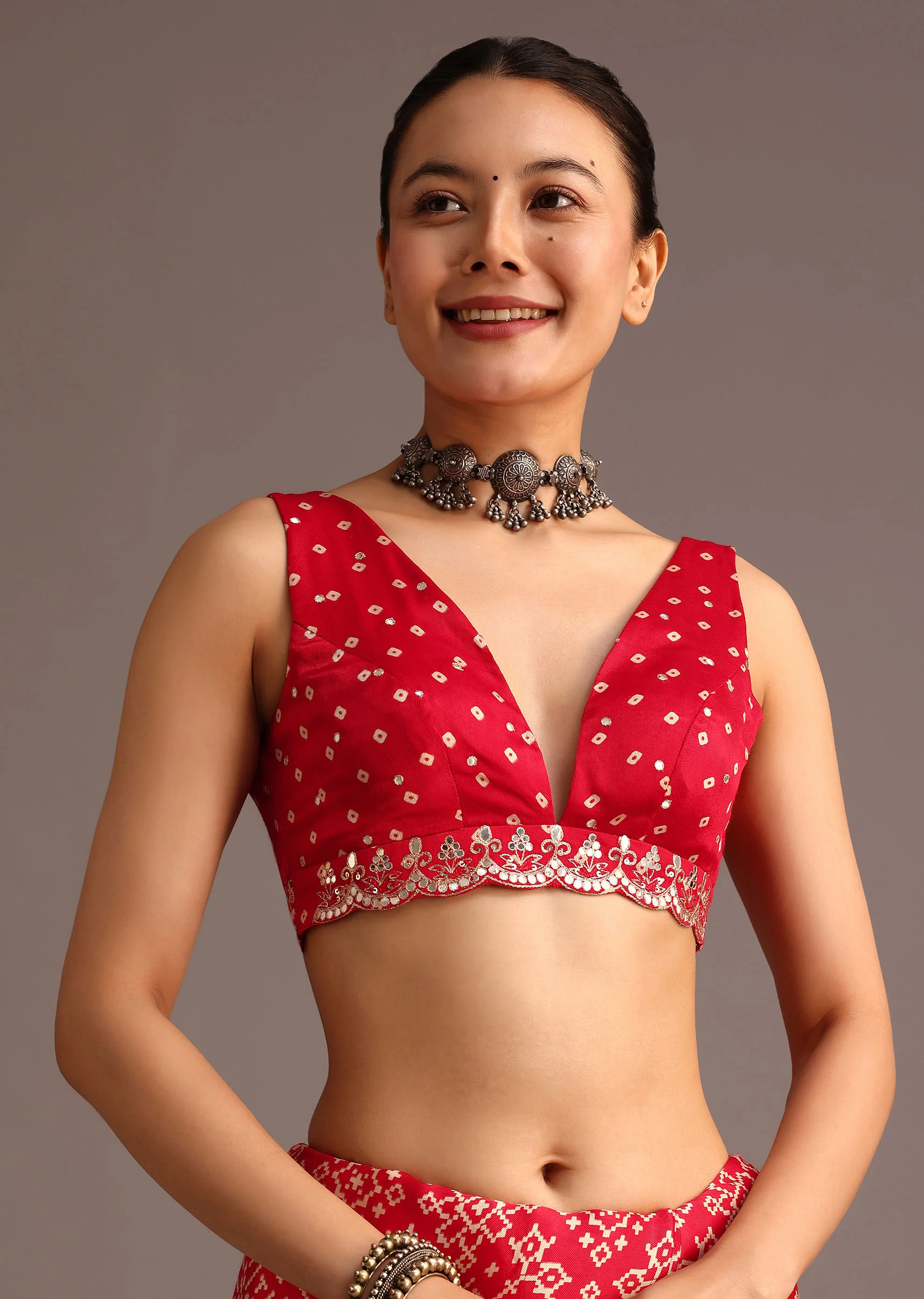 Red Traditional Ajrakh Print Satin Saree With Embellished Scallop Border And Unstitched Blouse - Image 7
