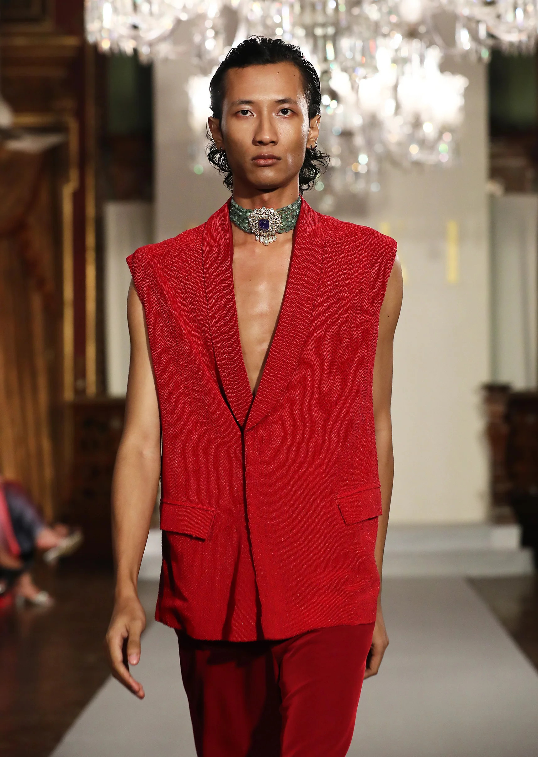 Red Tussar Indo Western Set For Men With Beaded Gilet - Image 2