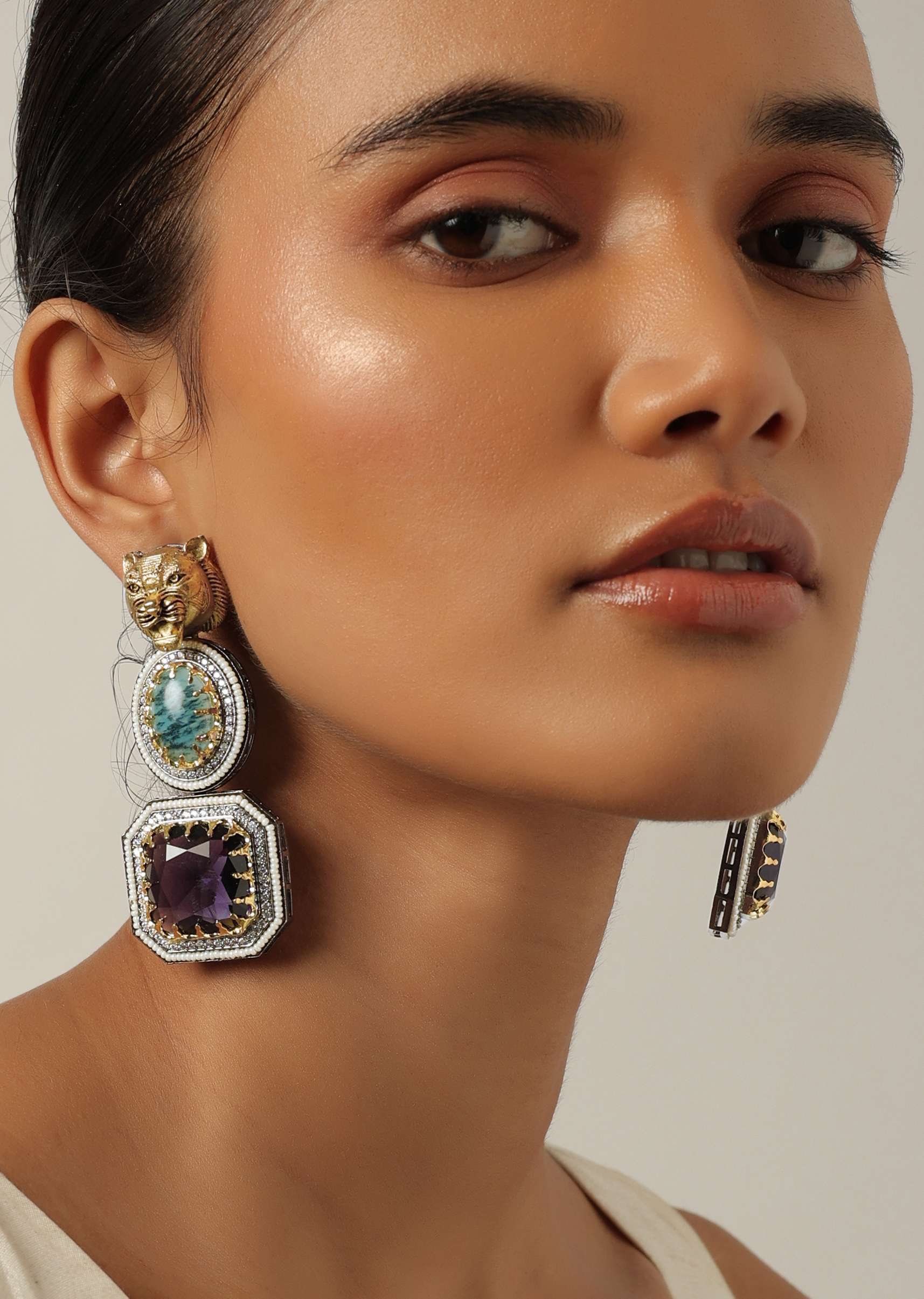 Red Two Tone Danglers With Studded Stones - Image 2