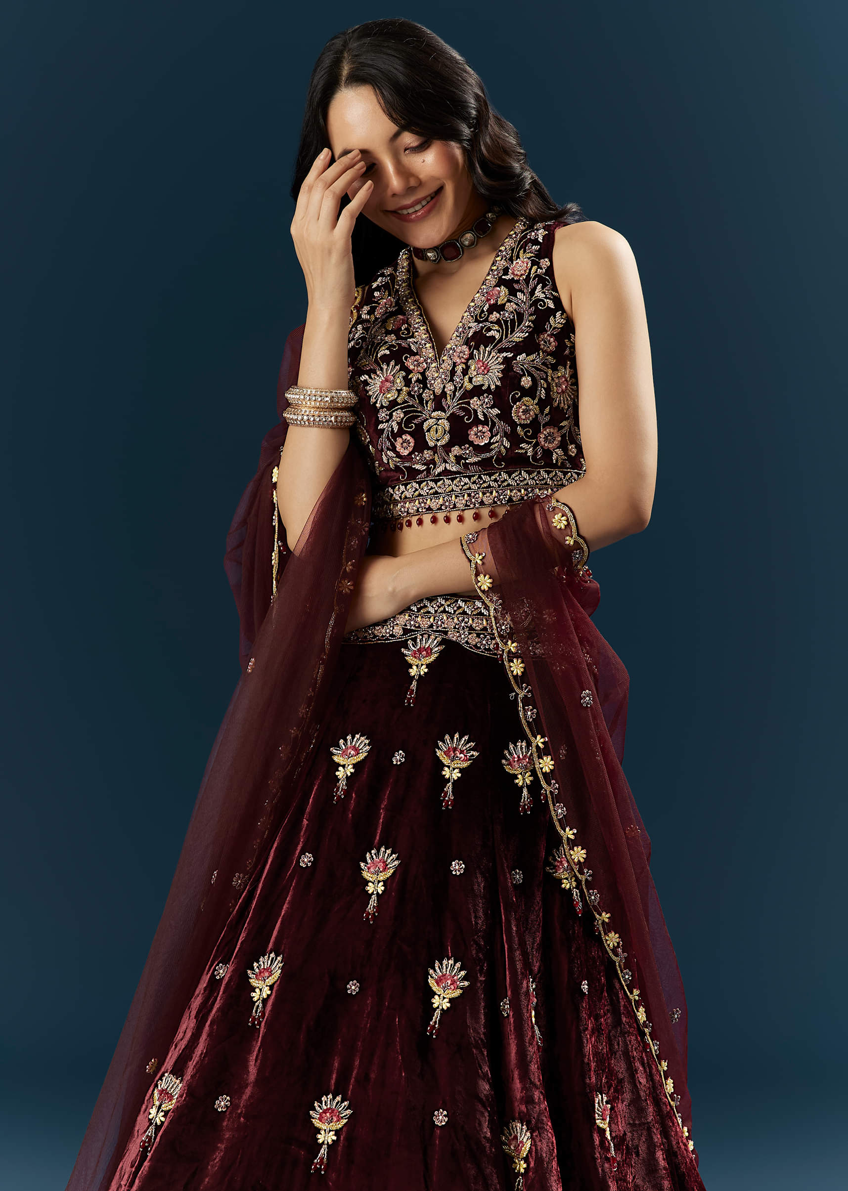 Red Velvet Bridal Lehenga With Cutdana And Beads Embroidery - Image 5