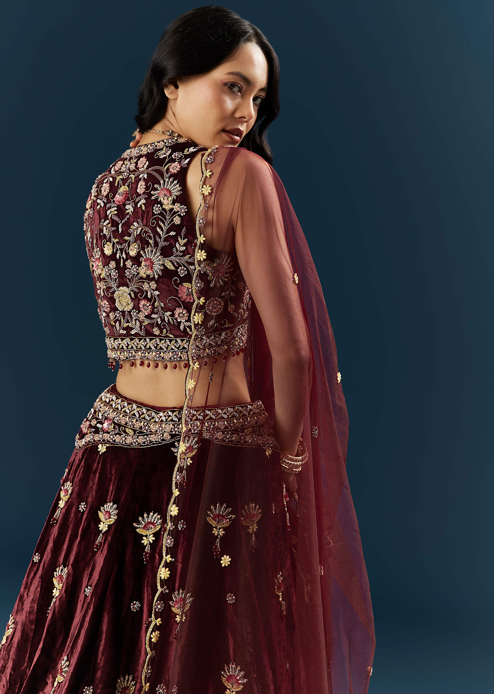 Red Velvet Bridal Lehenga With Cutdana And Beads Embroidery - Image 6