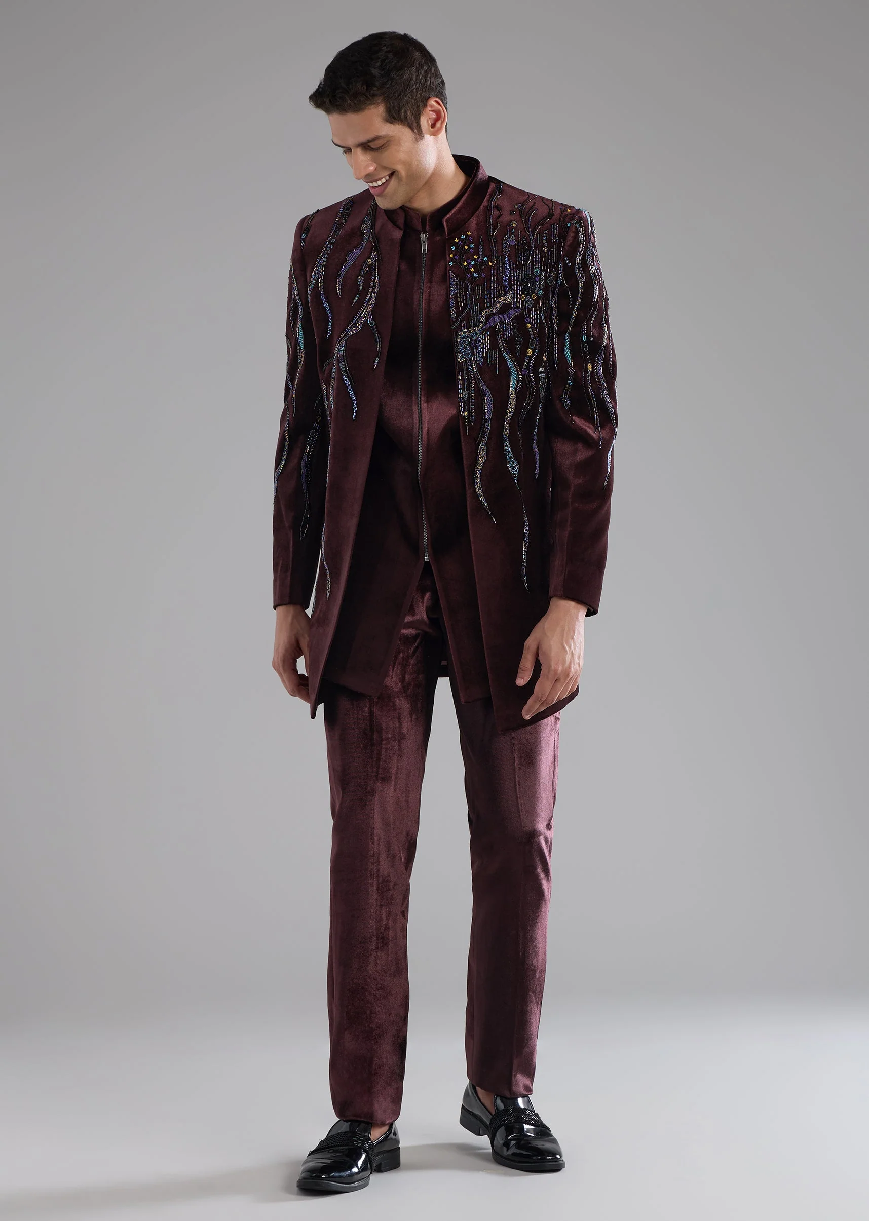 Red Velvet Indowestern Kurta Set with Bead Work - Image 2