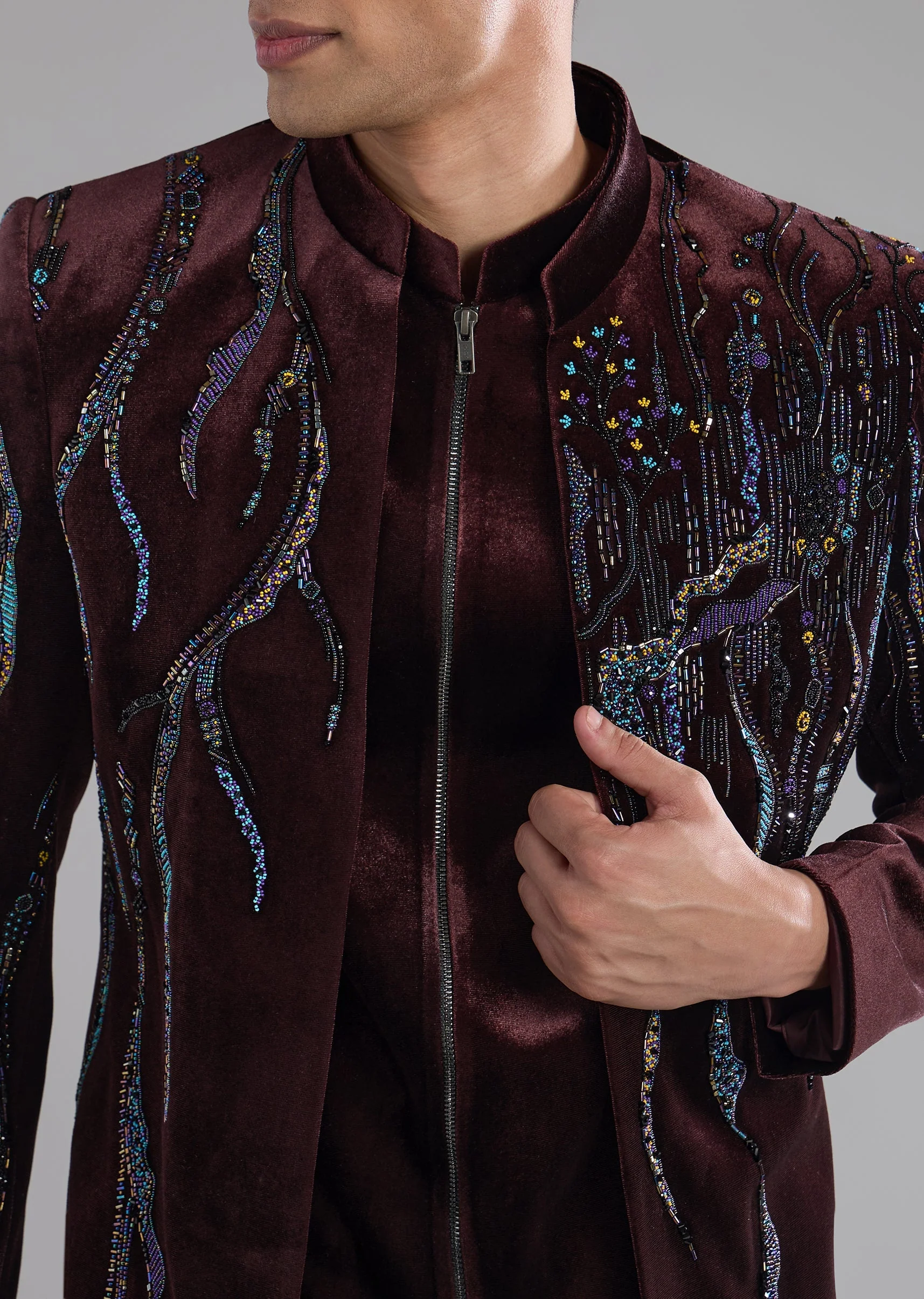 Red Velvet Indowestern Kurta Set with Bead Work - Image 3