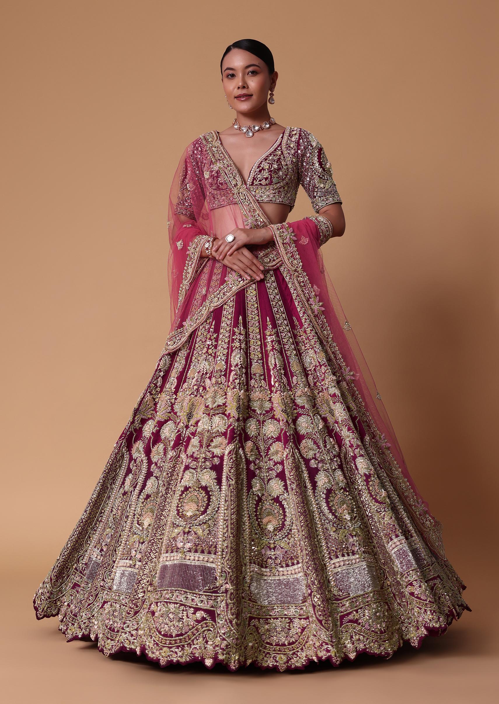 Red Velvet Raw Silk 16 Kali Zardosi Lehenga With Pearl Blouse Set - Image 3